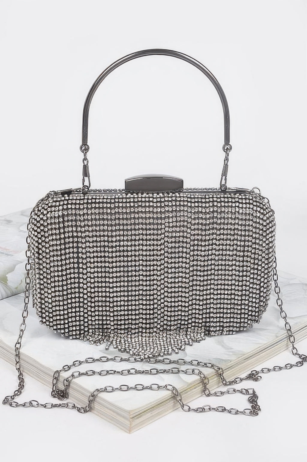 Rhinestone fringe hard clutch, black with silver rhinestone mesh and chain handle