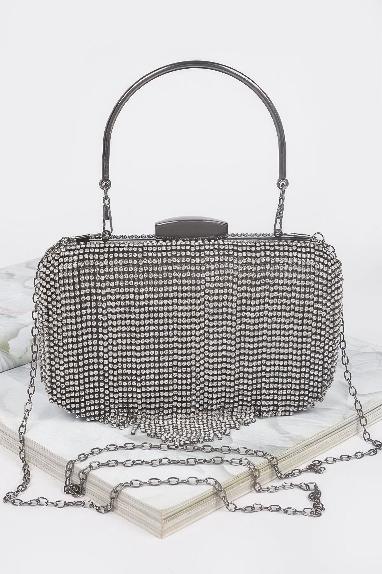 Rhinestone fringe hard clutch, black with silver rhinestone mesh and chain handle