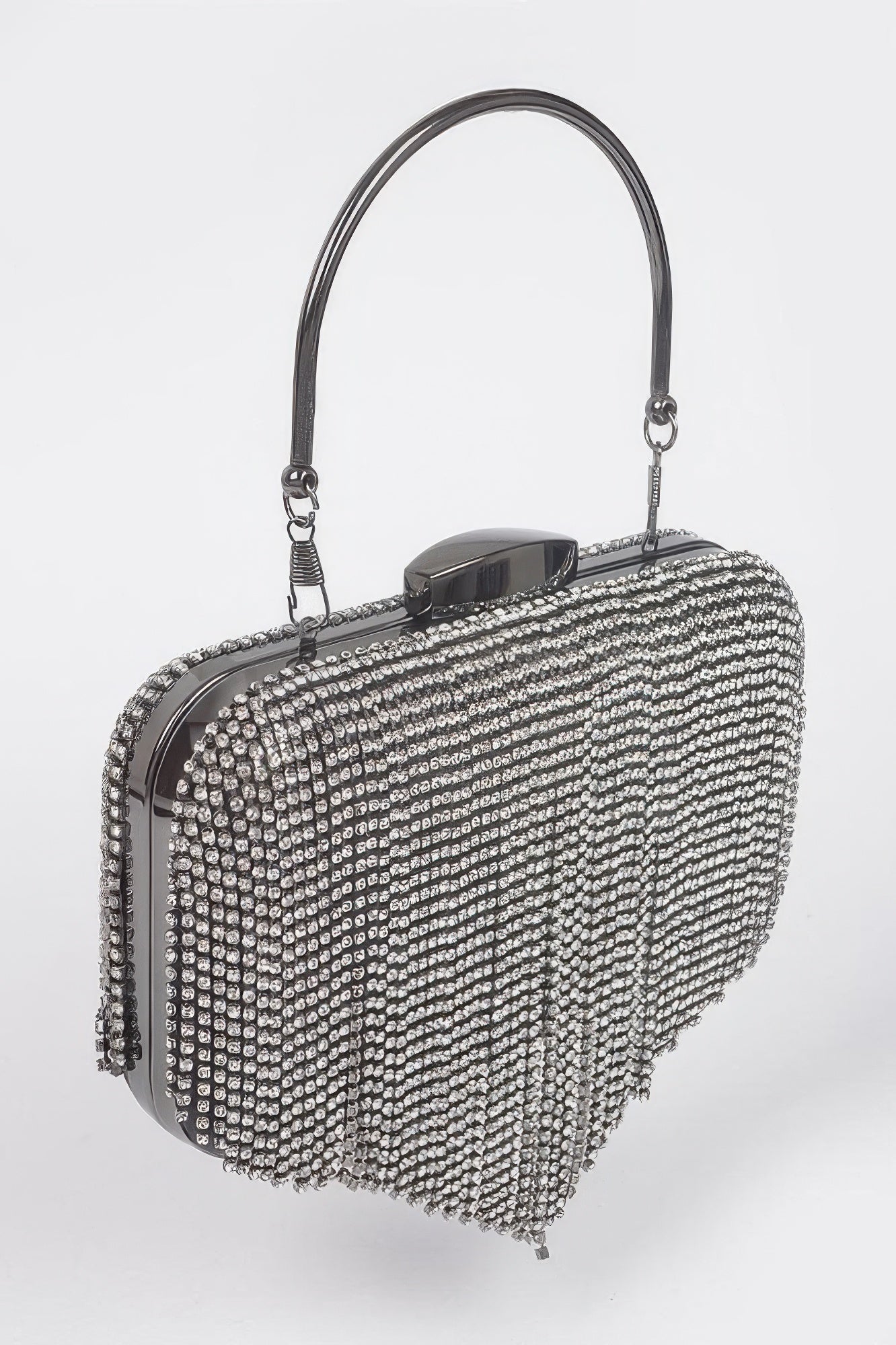 Rhinestone fringe hard clutch in silver, glossy top clasp with long chain strap