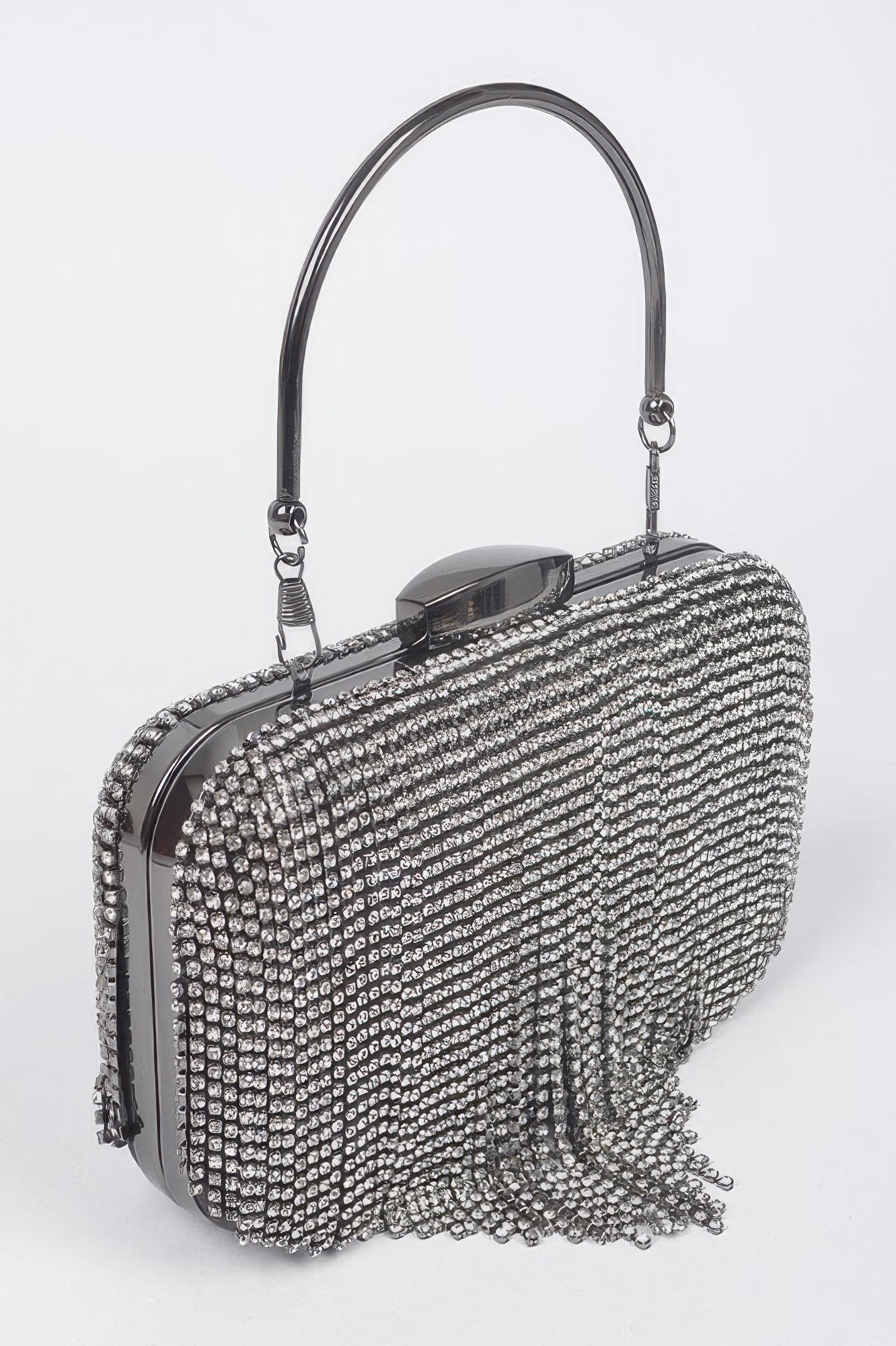 Rhinestone fringe hard clutch, silver rhinestone body with top clasp and chain handle