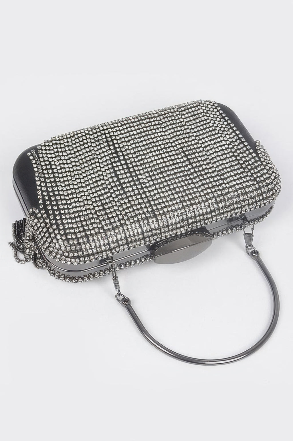 Rhinestone fringe hard clutch, silver sparkly mesh with top clasp and short tassel fringe