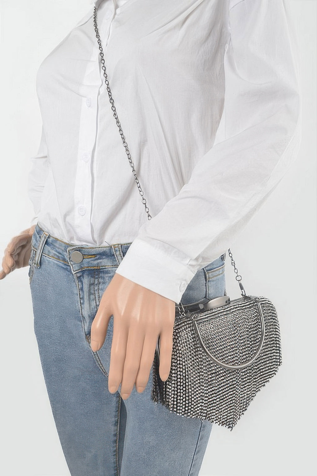 Rhinestone fringe hard clutch on crossbody chain, silver rhinestone mesh with fringe