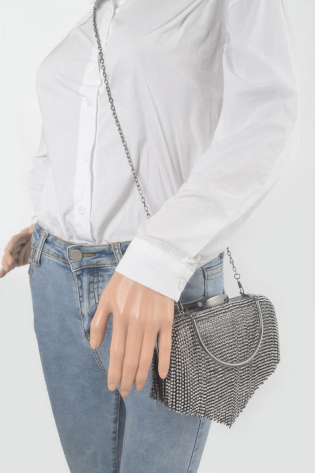 Rhinestone fringe hard clutch on crossbody chain, silver rhinestone mesh with fringe