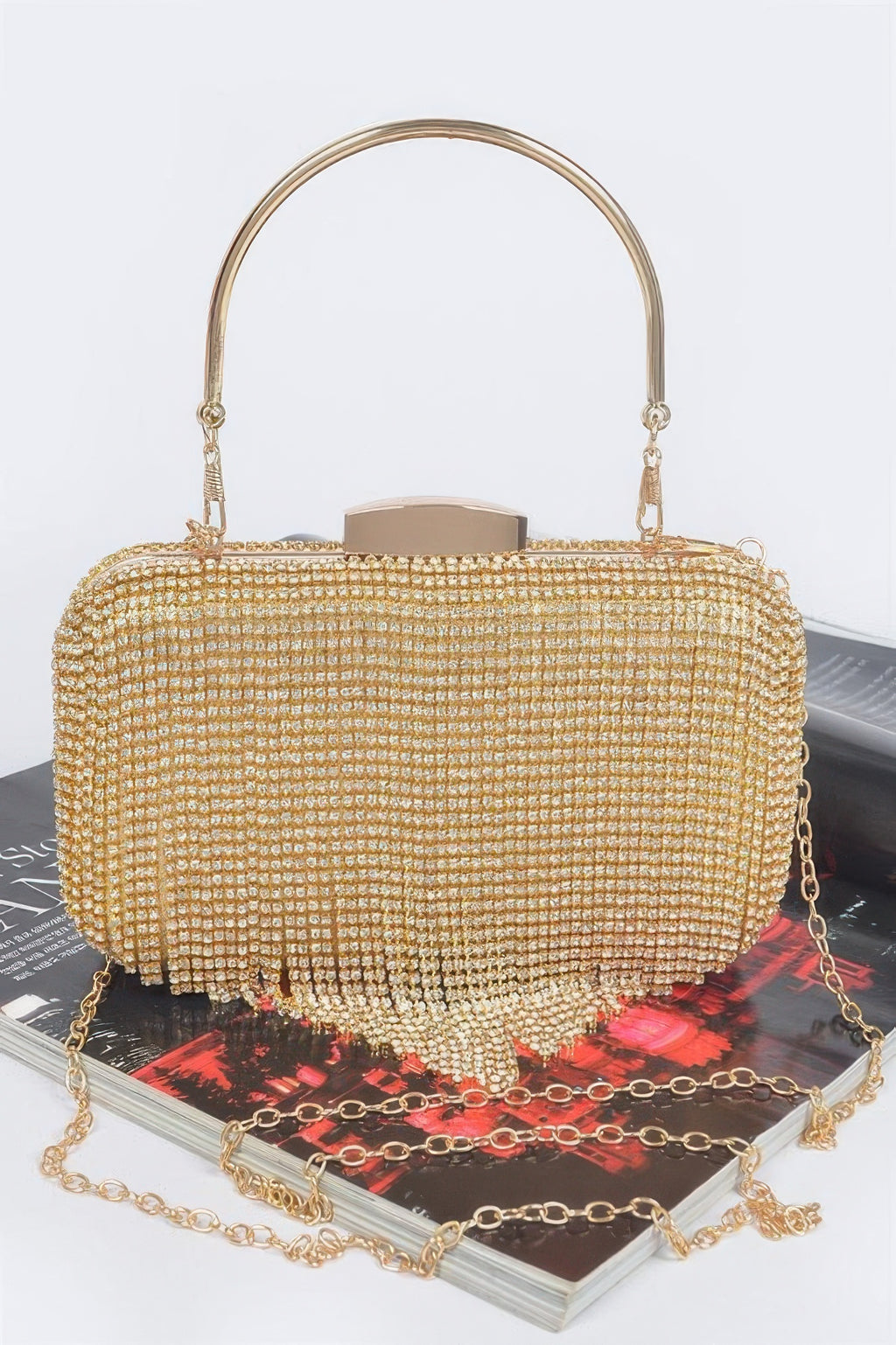Rhinestone fringe hard clutch, gold-toned (silver style) rhinestone mesh with chain strap