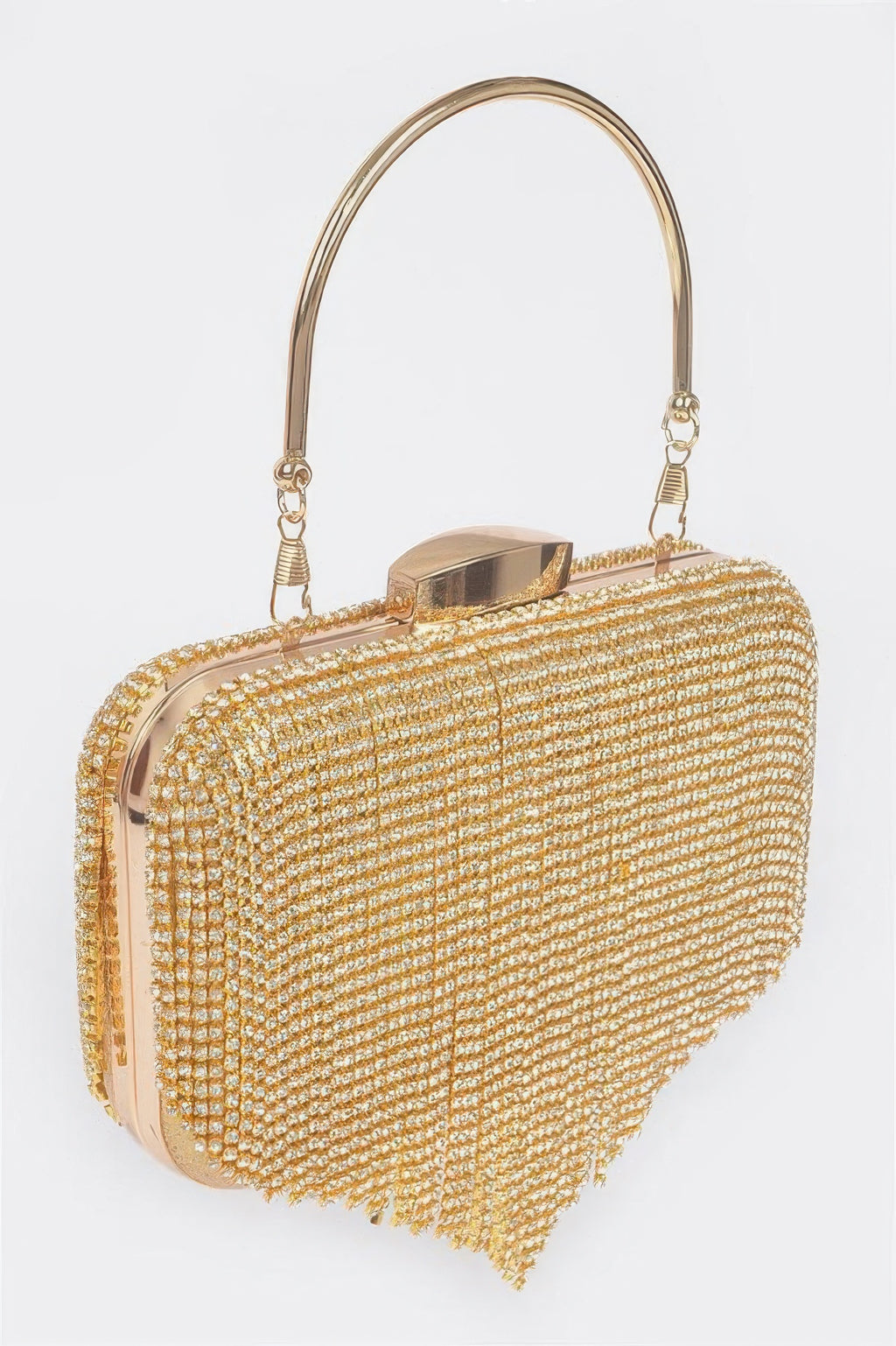 Rhinestone fringe hard clutch, gold-toned rhinestone mesh and top clasp with chain handle