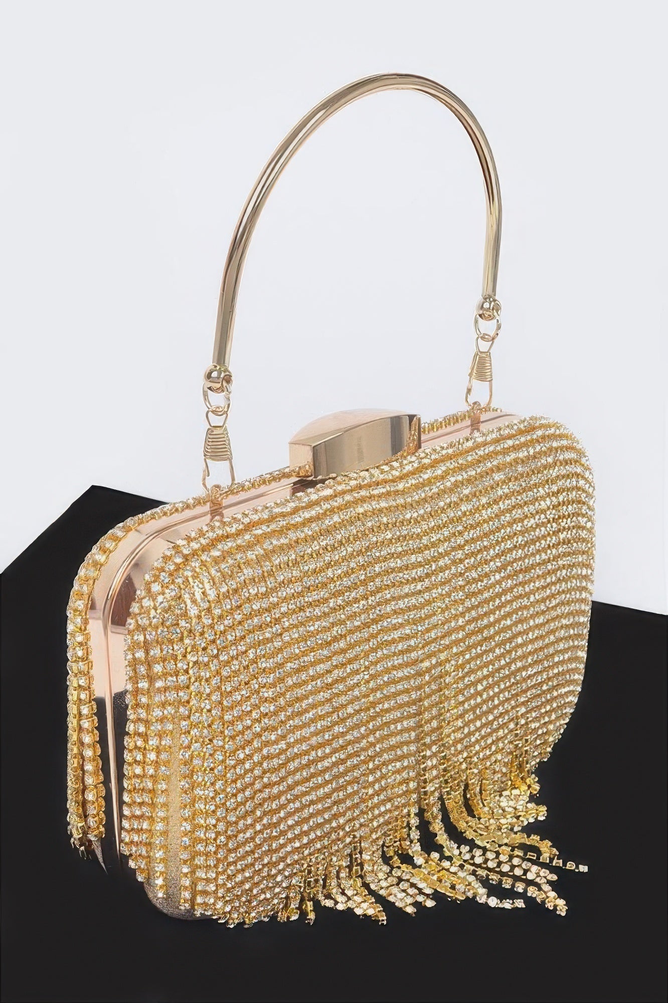 Rhinestone fringe hard clutch with chain handle, gold-toned rhinestone mesh and fringe