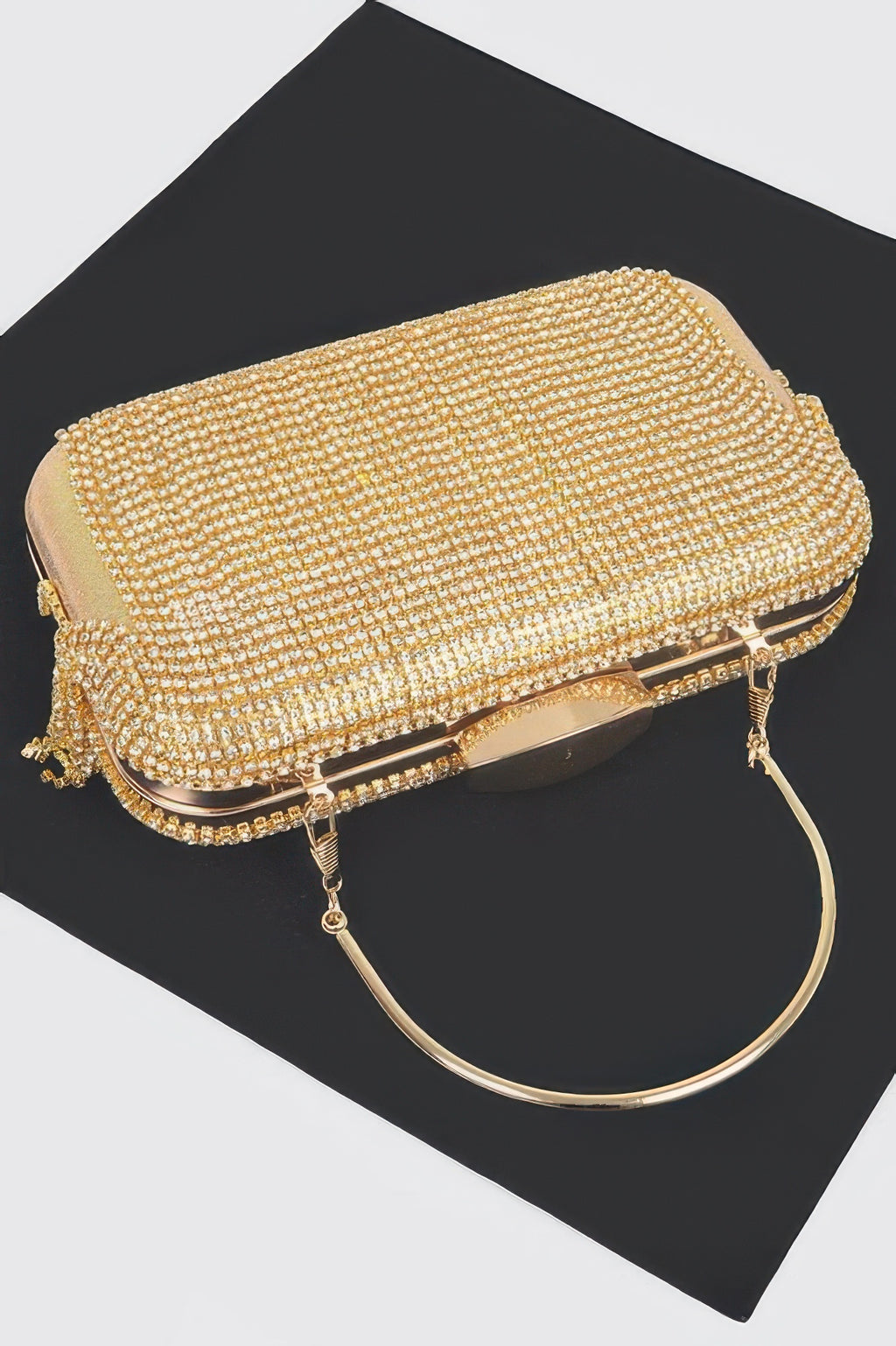 Rhinestone fringe hard clutch, gold-toned rhinestone mesh with top clasp and chain carry handles