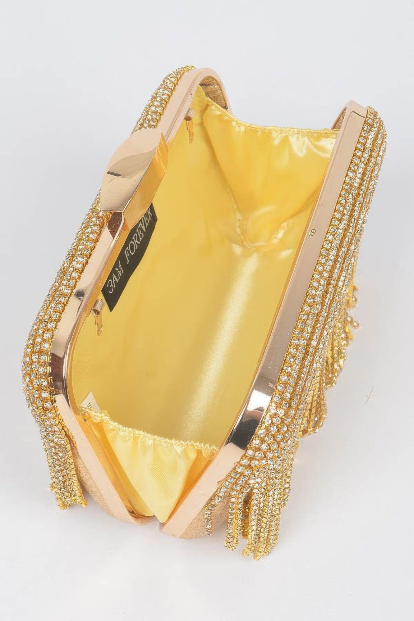 Rhinestone fringe hard clutch with curved metal frame and satin interior