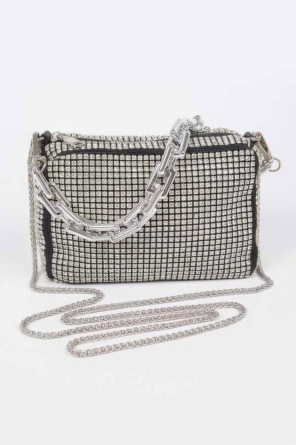 Silver rhinestone oversized bag with link chain strap and magnetic clasp