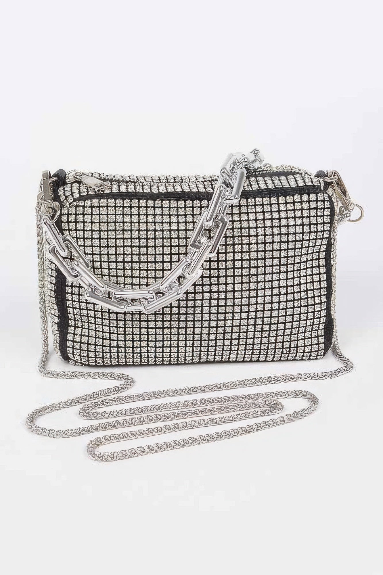 Silver rhinestone oversized bag with link chain strap and magnetic clasp