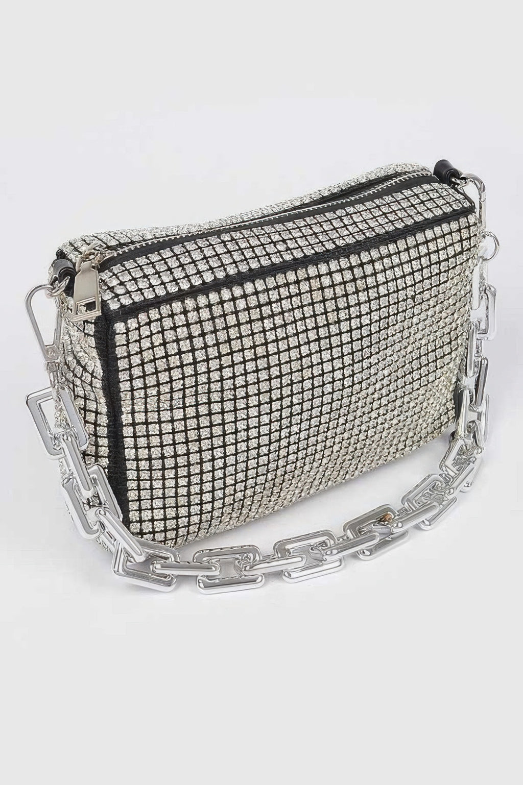 Silver rhinestone mini bag with structured grid pattern and chain shoulder strap