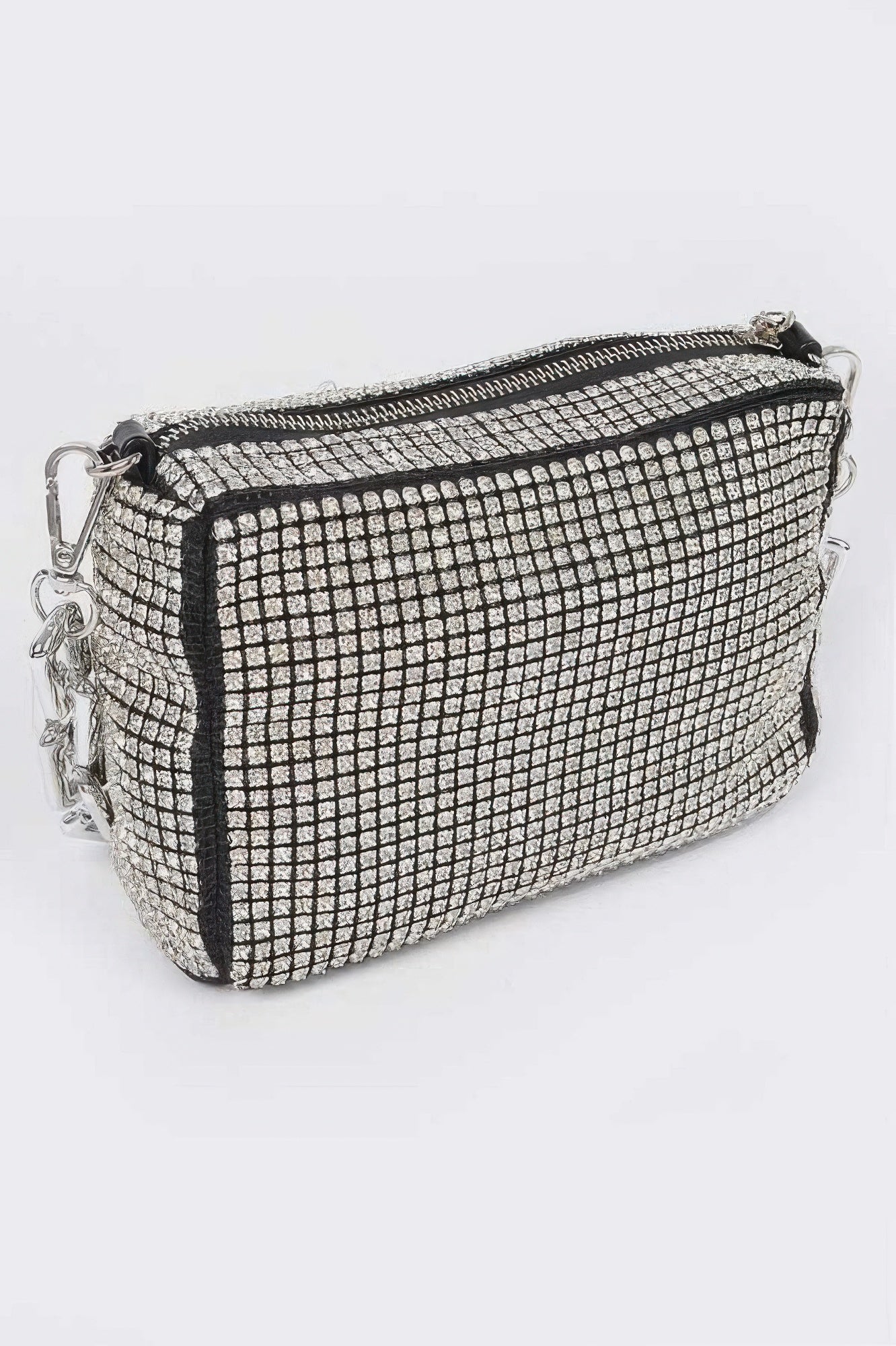 Silver rhinestone crossbody bag with top zipper and chain shoulder strap
