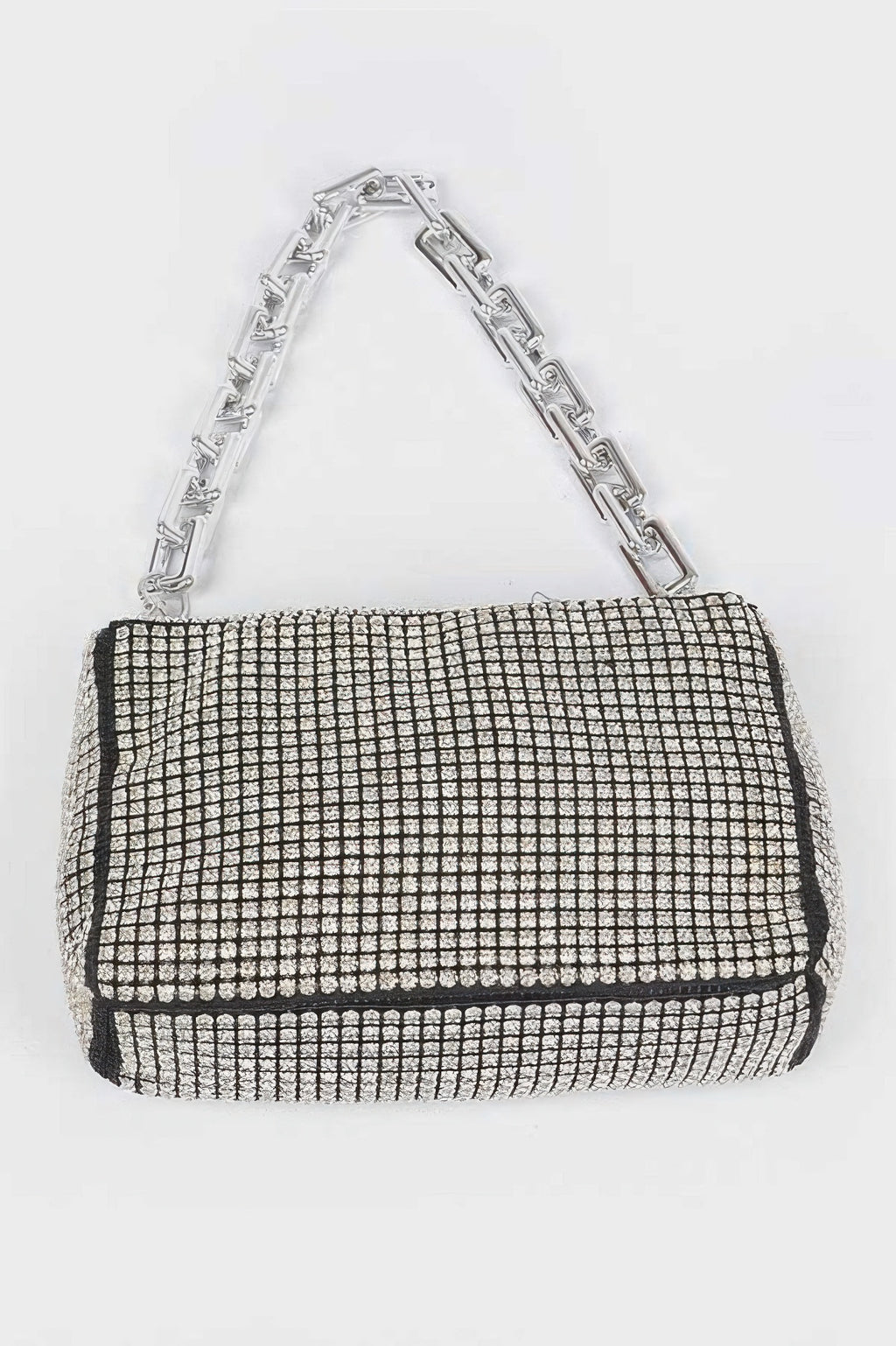 Silver rhinestone oversized bag with chain top handle and grid texture