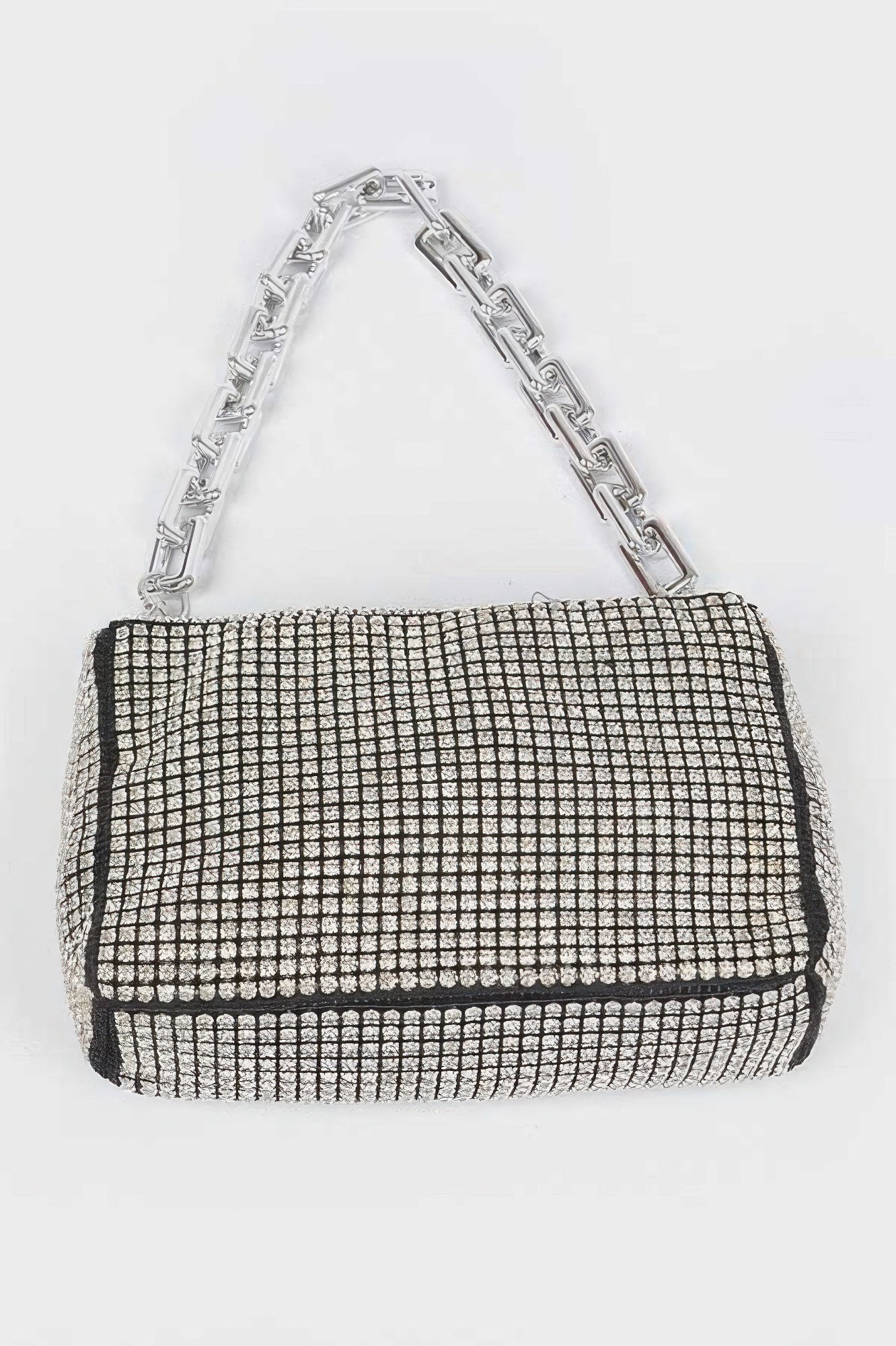 Silver rhinestone oversized bag with chain top handle and grid texture