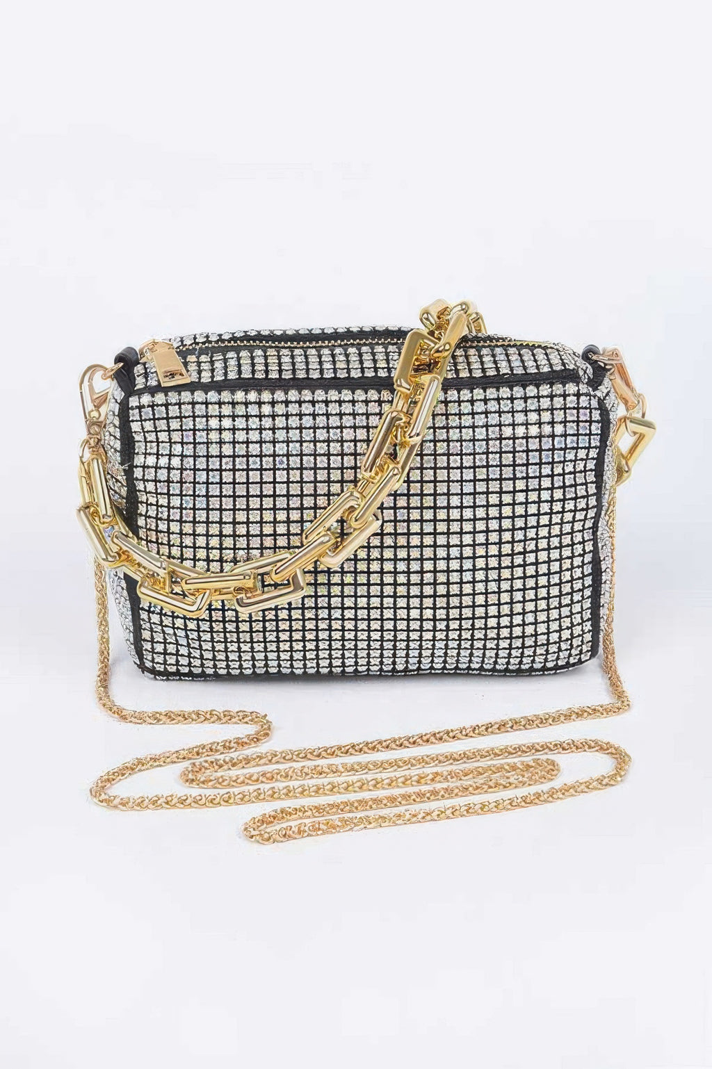 Gold rhinestone oversized bag with link chain strap and top clasp