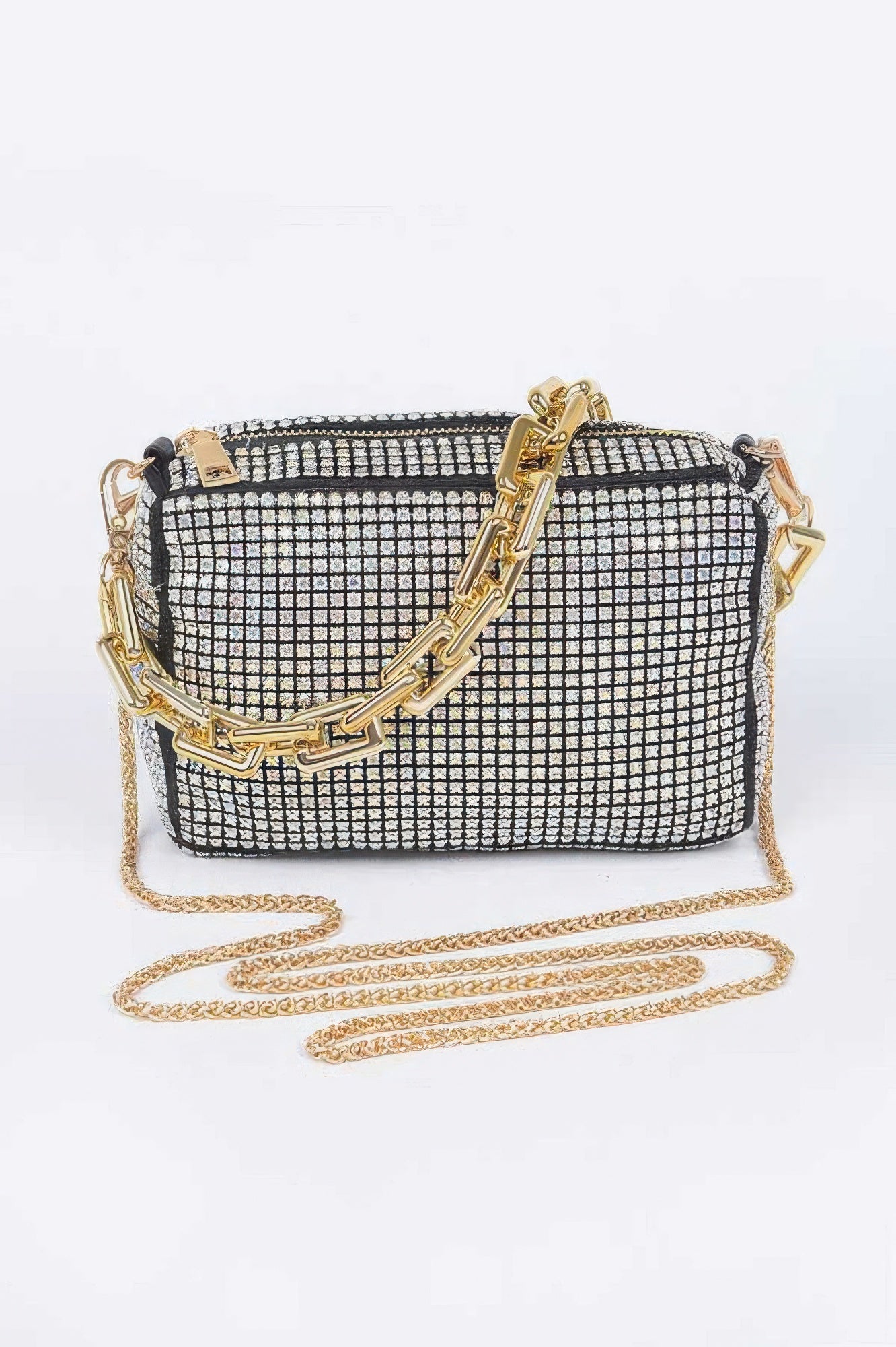 Gold rhinestone oversized bag with link chain strap and top clasp