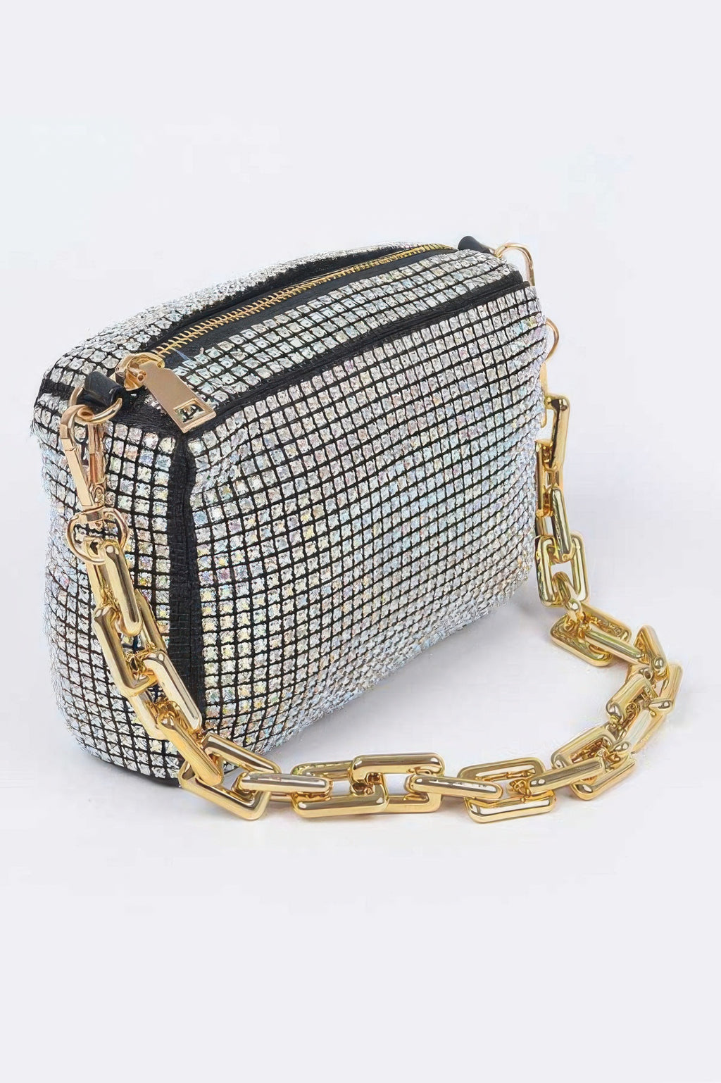 Gold rhinestone crossbody bag with chain strap and black trim