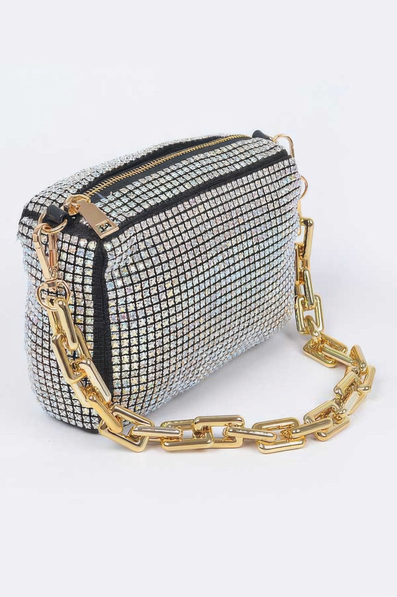 Gold rhinestone crossbody bag with chain strap and black trim