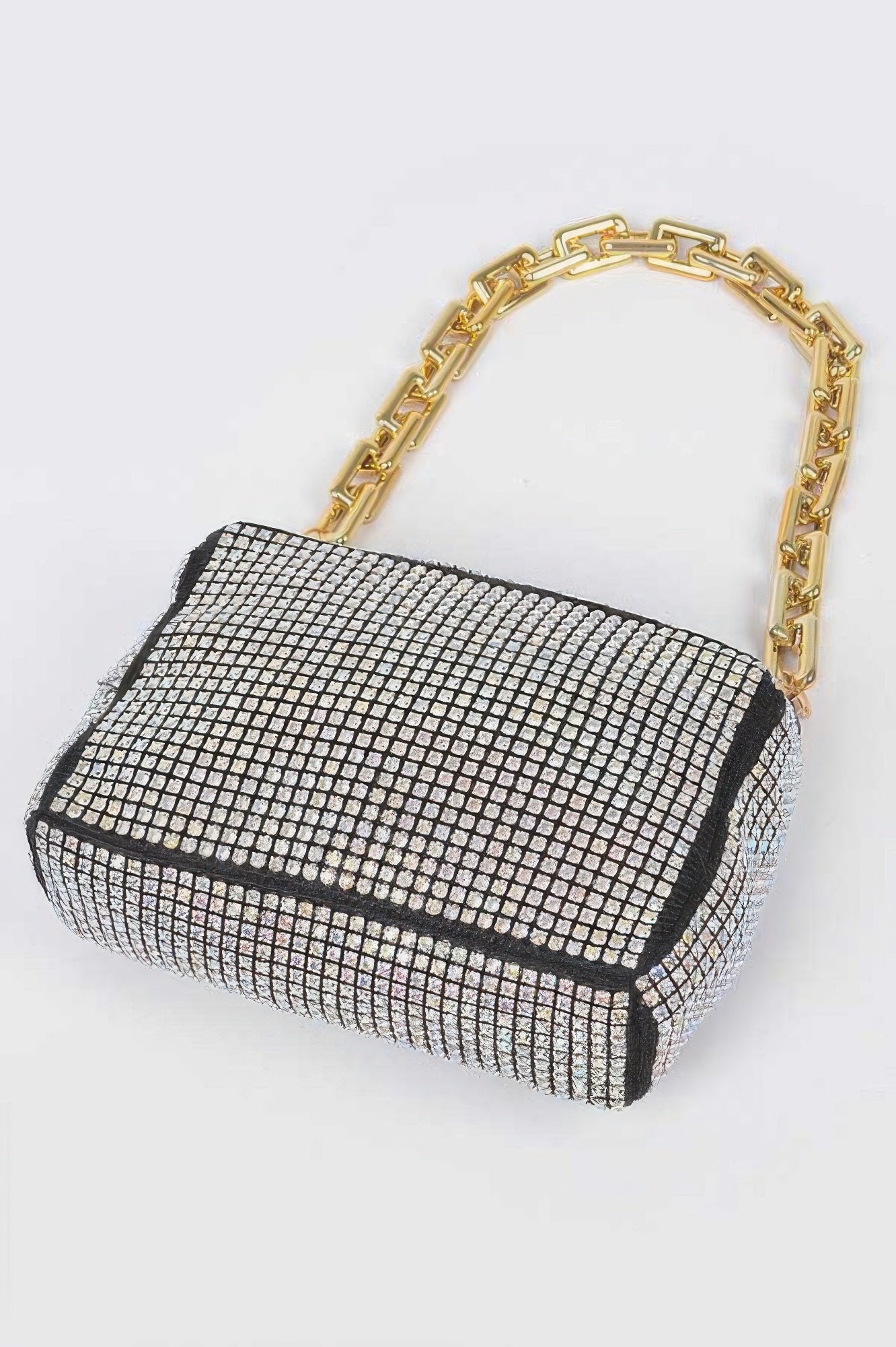 Gold rhinestone clutch bag with chain strap, front grid panel and black border