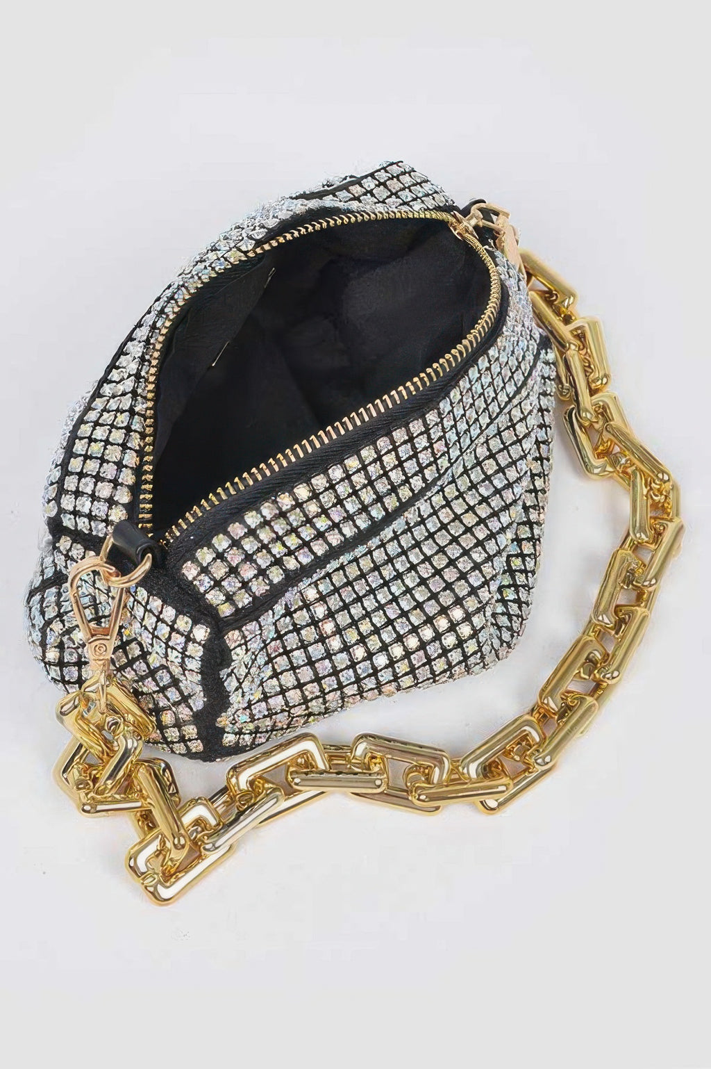 Oversized rhinestone mini bag, Ab Gold, with W-link gold chain and zipper pocket
