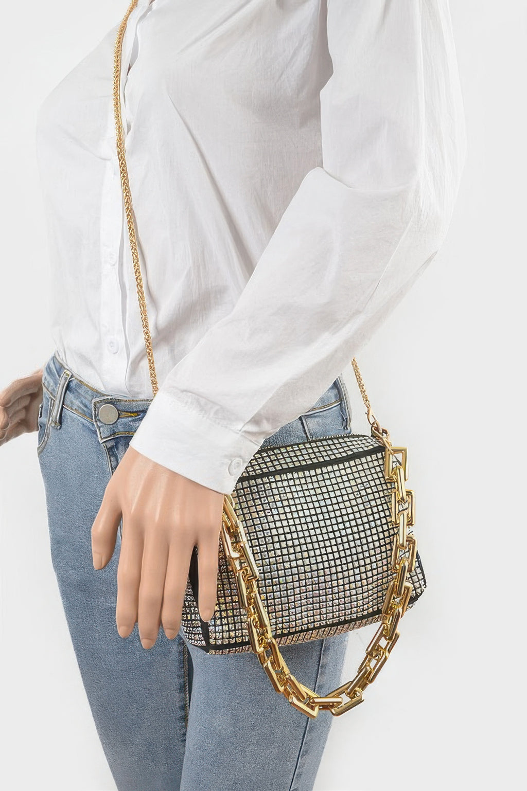 Rhinestone crossbody bag, Clear Silver, gold W-link chain with top zip