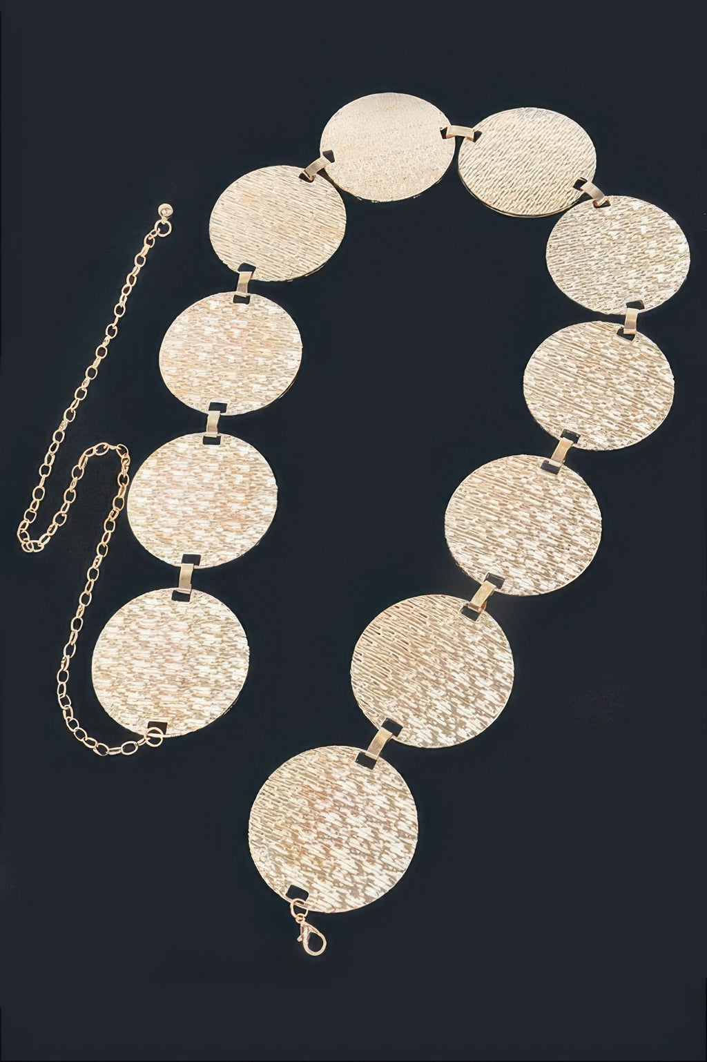 Connected gold round iron plates belt with long chain—plus-size style