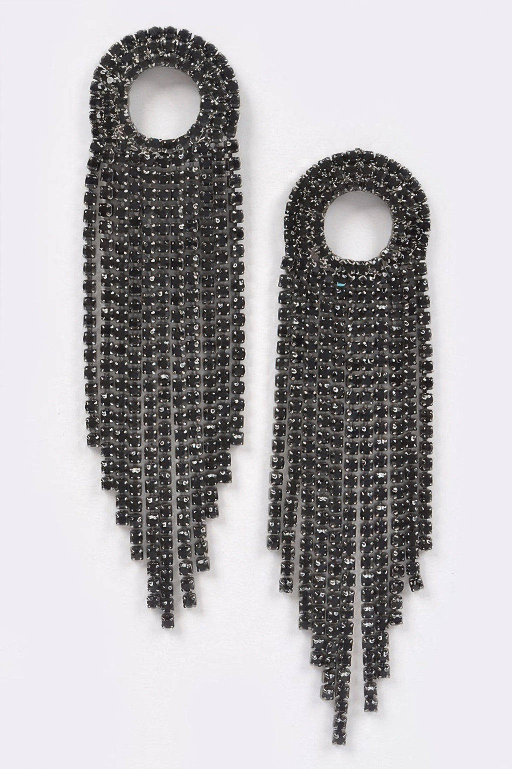 Black rhinestone fringe drop earrings with round top hoops and dangling bead strands