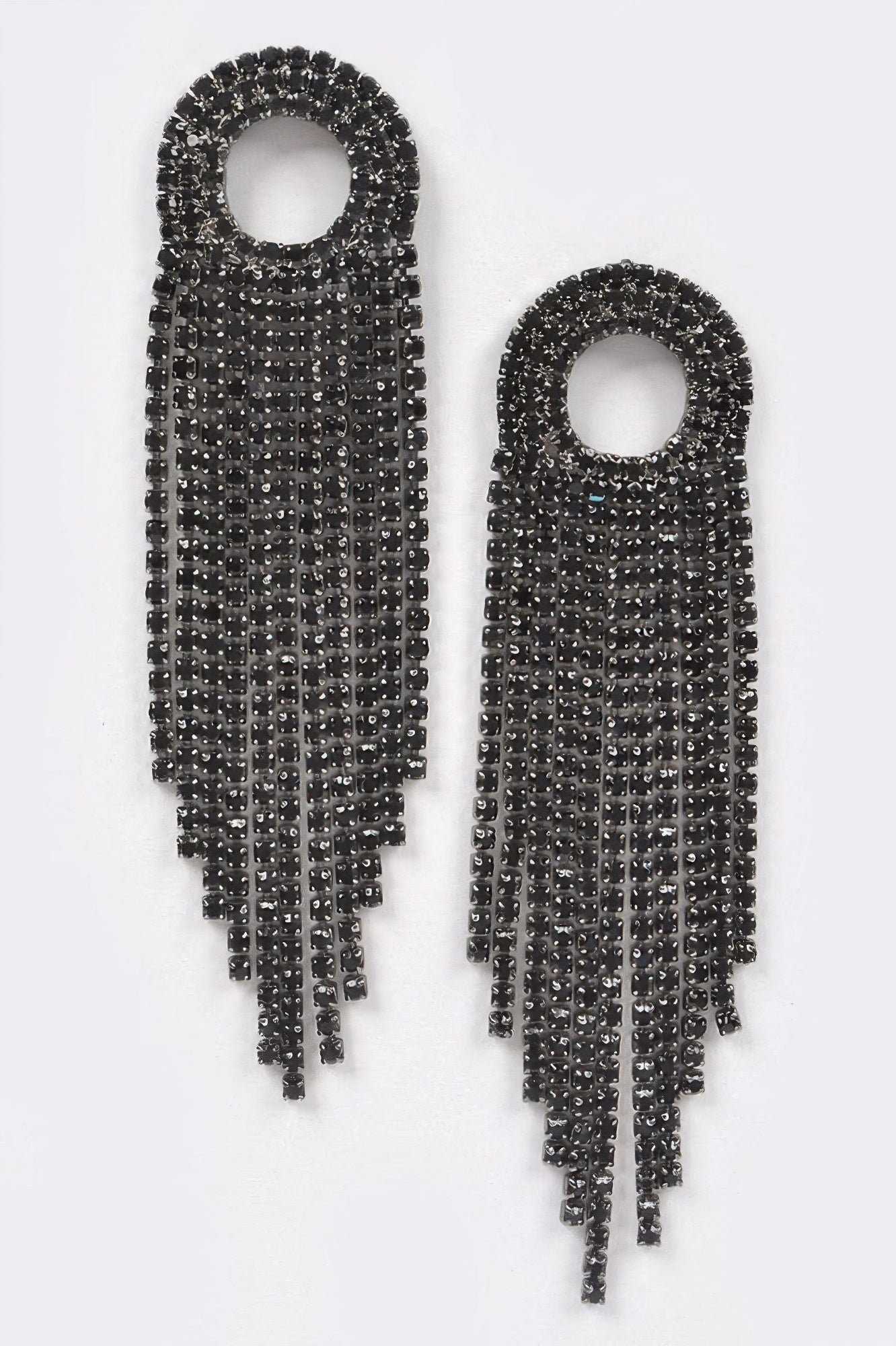 Black rhinestone fringe drop earrings with round top hoops and dangling bead strands