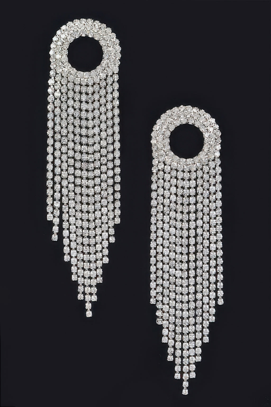 Silver rhinestone fringe drop earrings with round hoops and long dangling strands