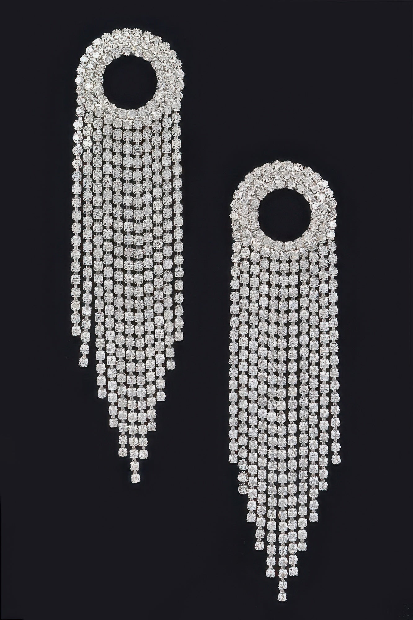 Silver rhinestone fringe drop earrings with round hoops and long dangling strands