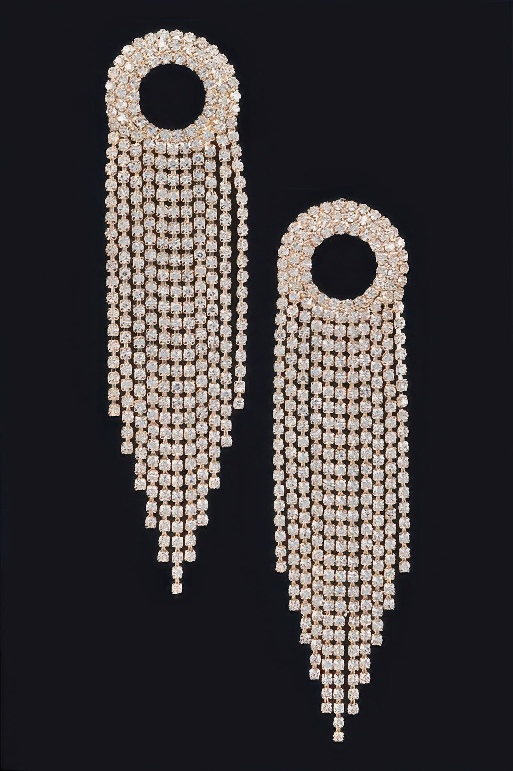 Gold-toned rhinestone fringe drop earrings with circular hoops and long tassel strands