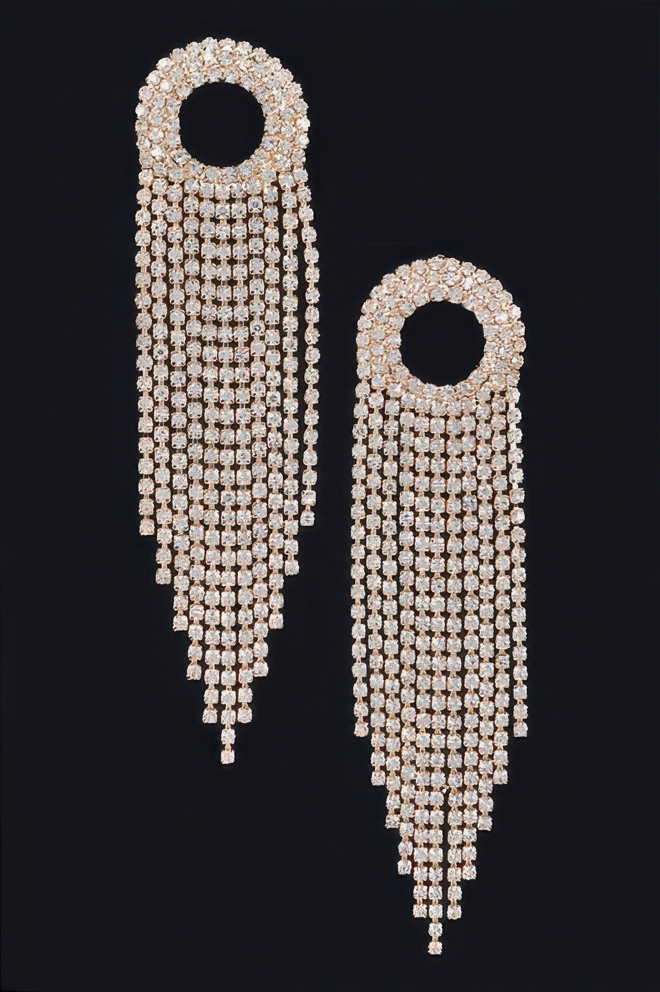 Gold-toned rhinestone fringe drop earrings with circular hoops and long tassel strands