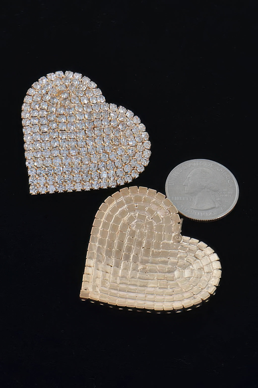 Rhinestone heart stud earrings, gold and silver tone heart designs