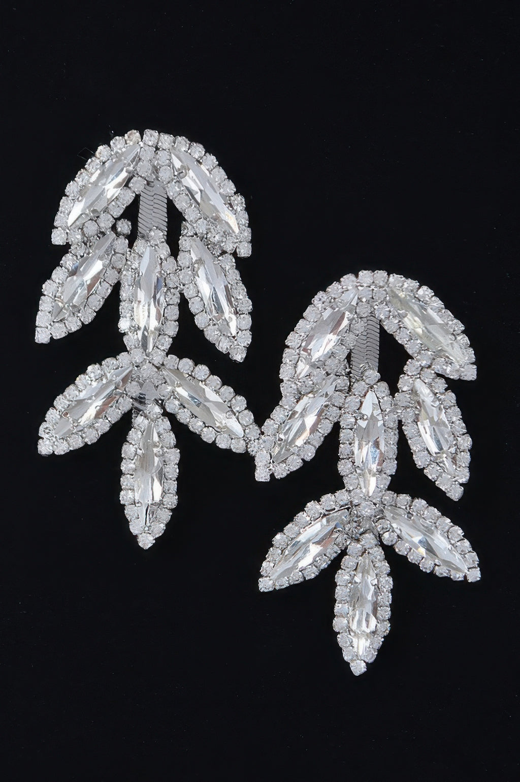 Rhinestone leaf earrings, silver-tone dangling fan-shaped leaves