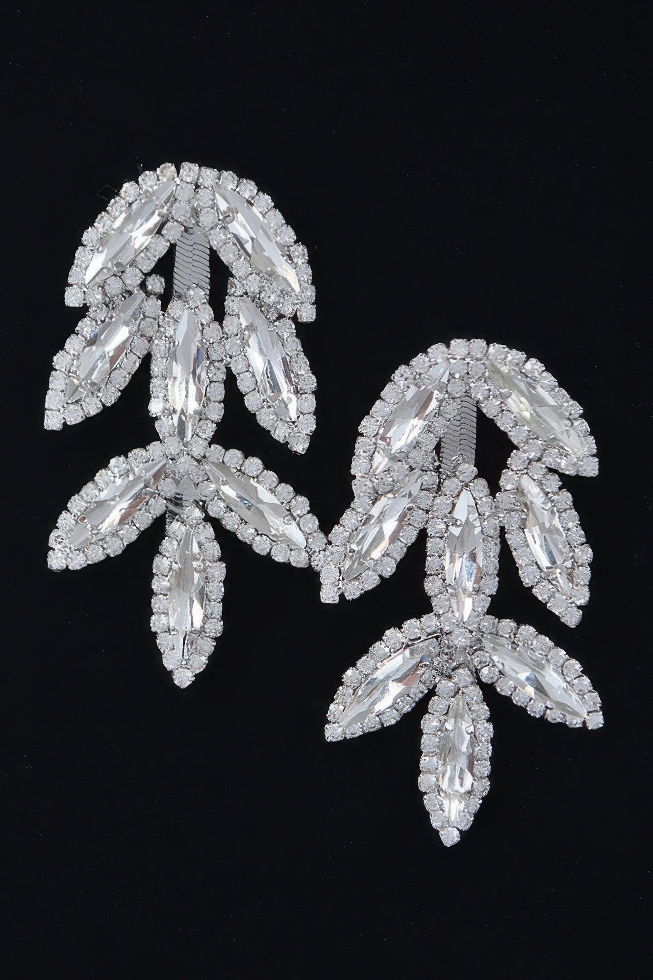 Rhinestone leaf earrings, silver-tone dangling fan-shaped leaves