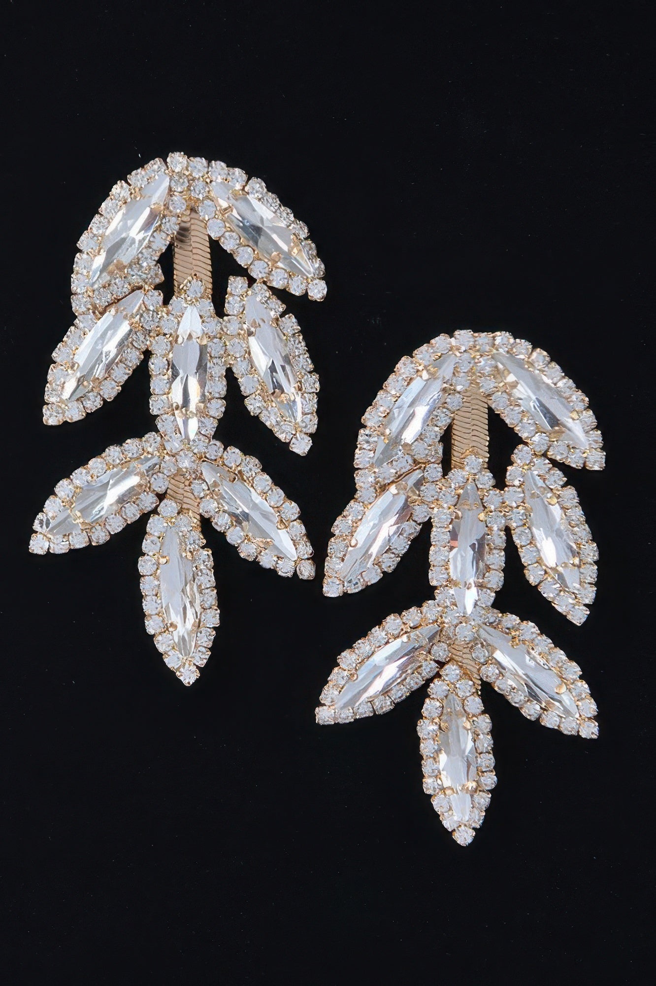 Silver rhinestone leaf earrings with marquise stone leaf fringe