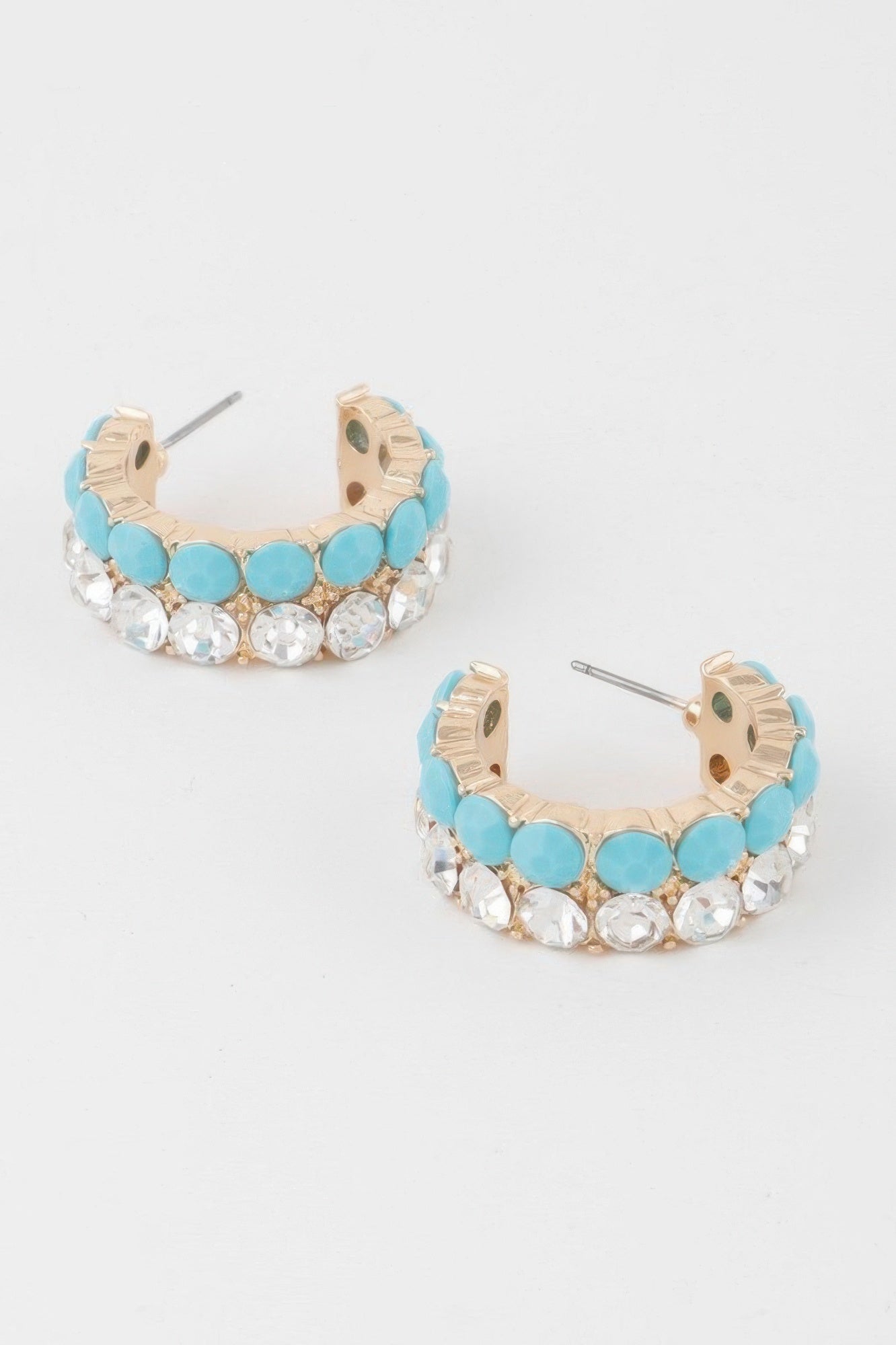 Double Jewel Stone Hoop Earrings with turquoise oval stones and clear rhinestones