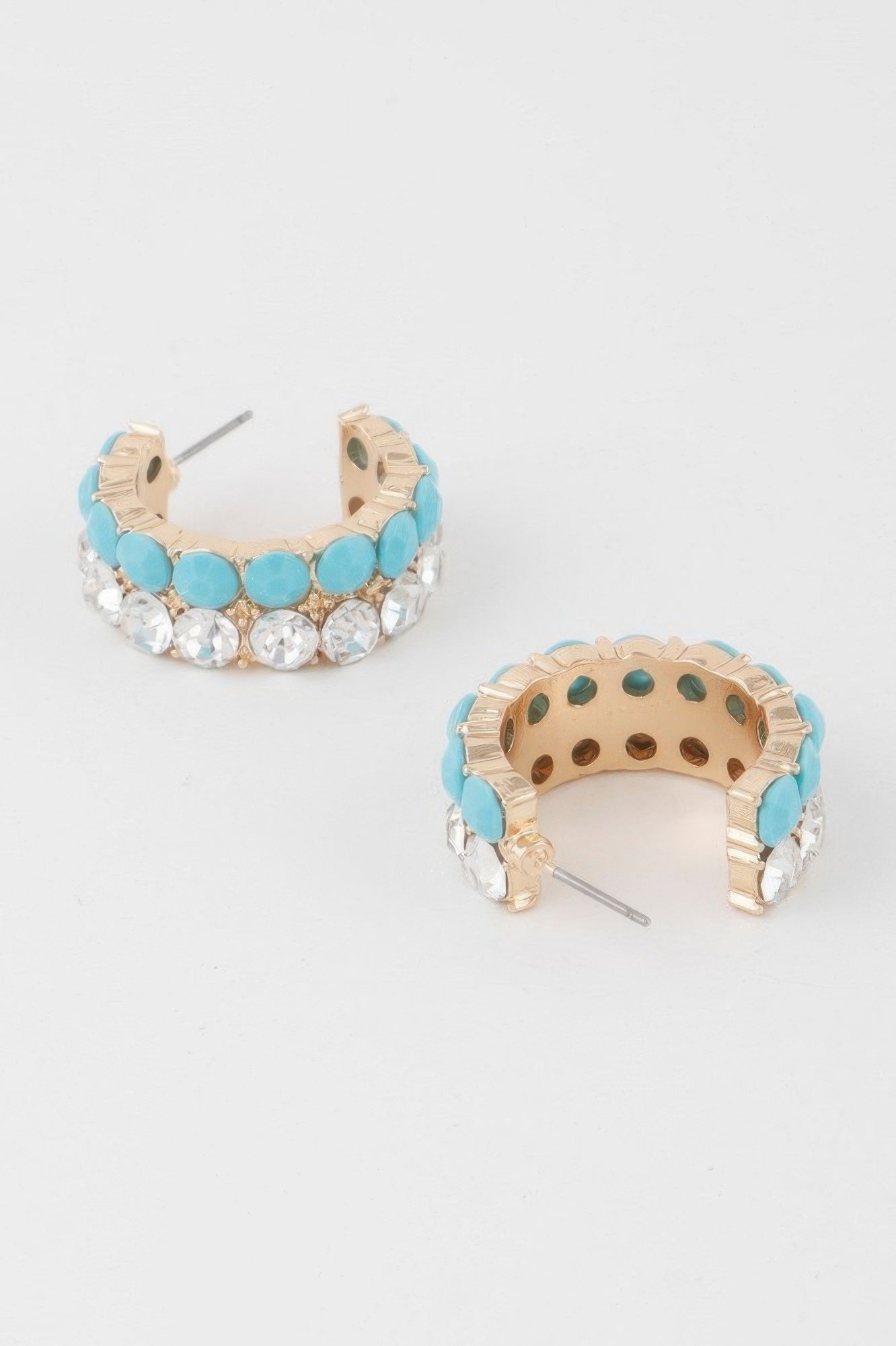 Double Jewel Hoop Earrings, turquoise accents with clear round stones, open view