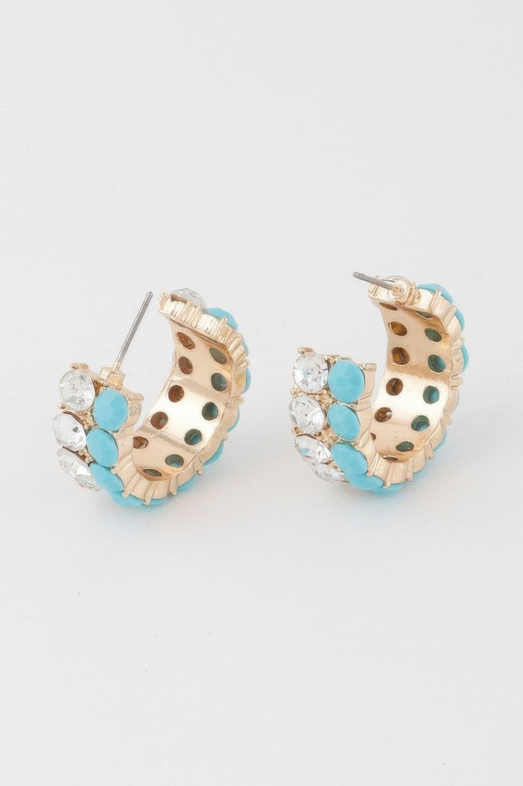 Double Jewel Stone Hoop Earrings showing turquoise and clear stone clusters on hoops