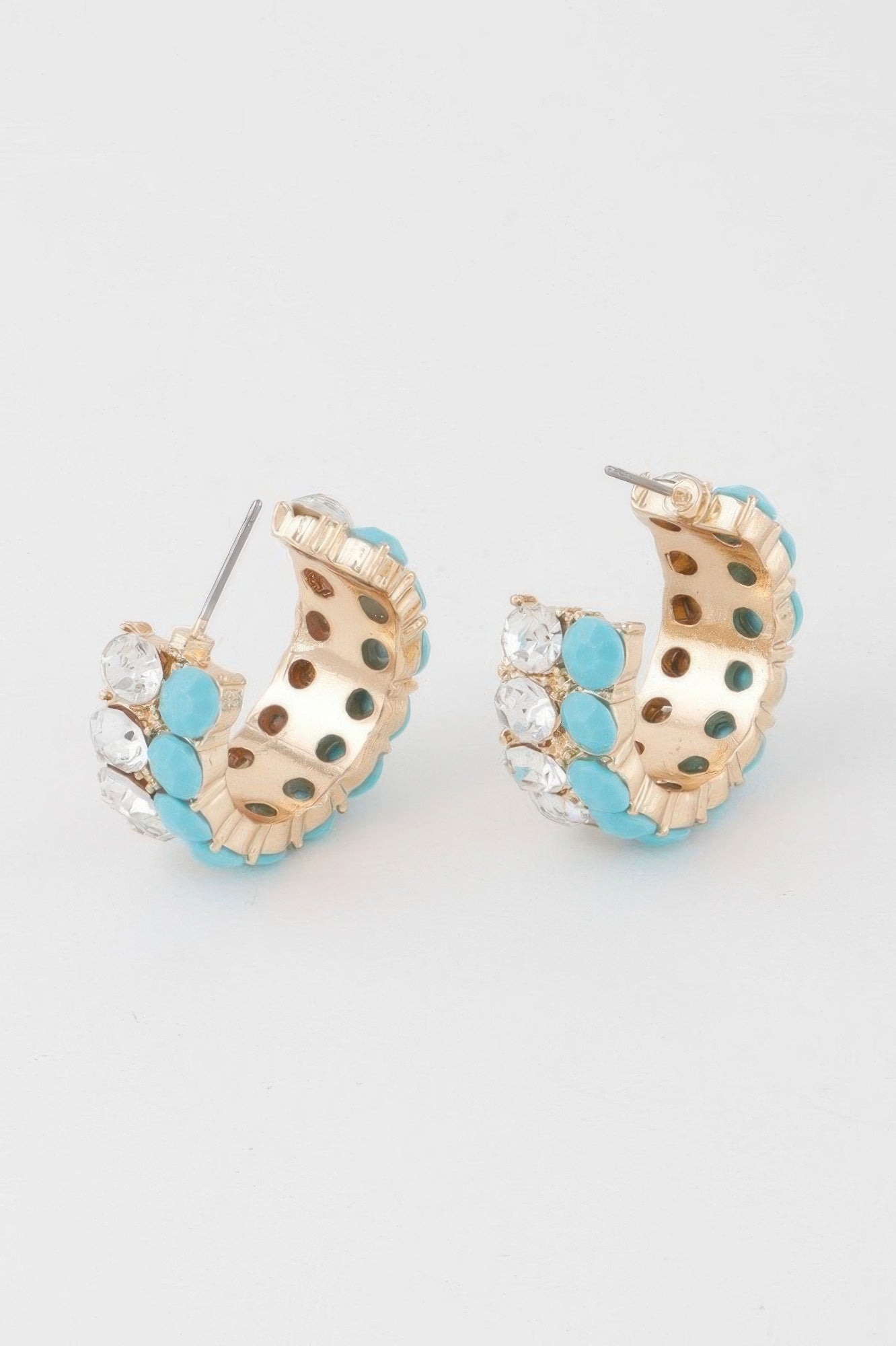 Double Jewel Stone Hoop Earrings showing turquoise and clear stone clusters on hoops