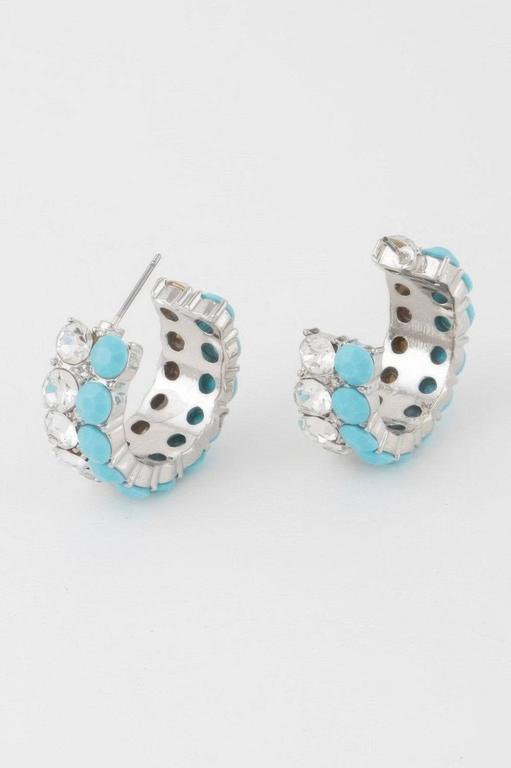 Double Jewel Hoop Earrings with turquoise oval stones and clear round rhinestones