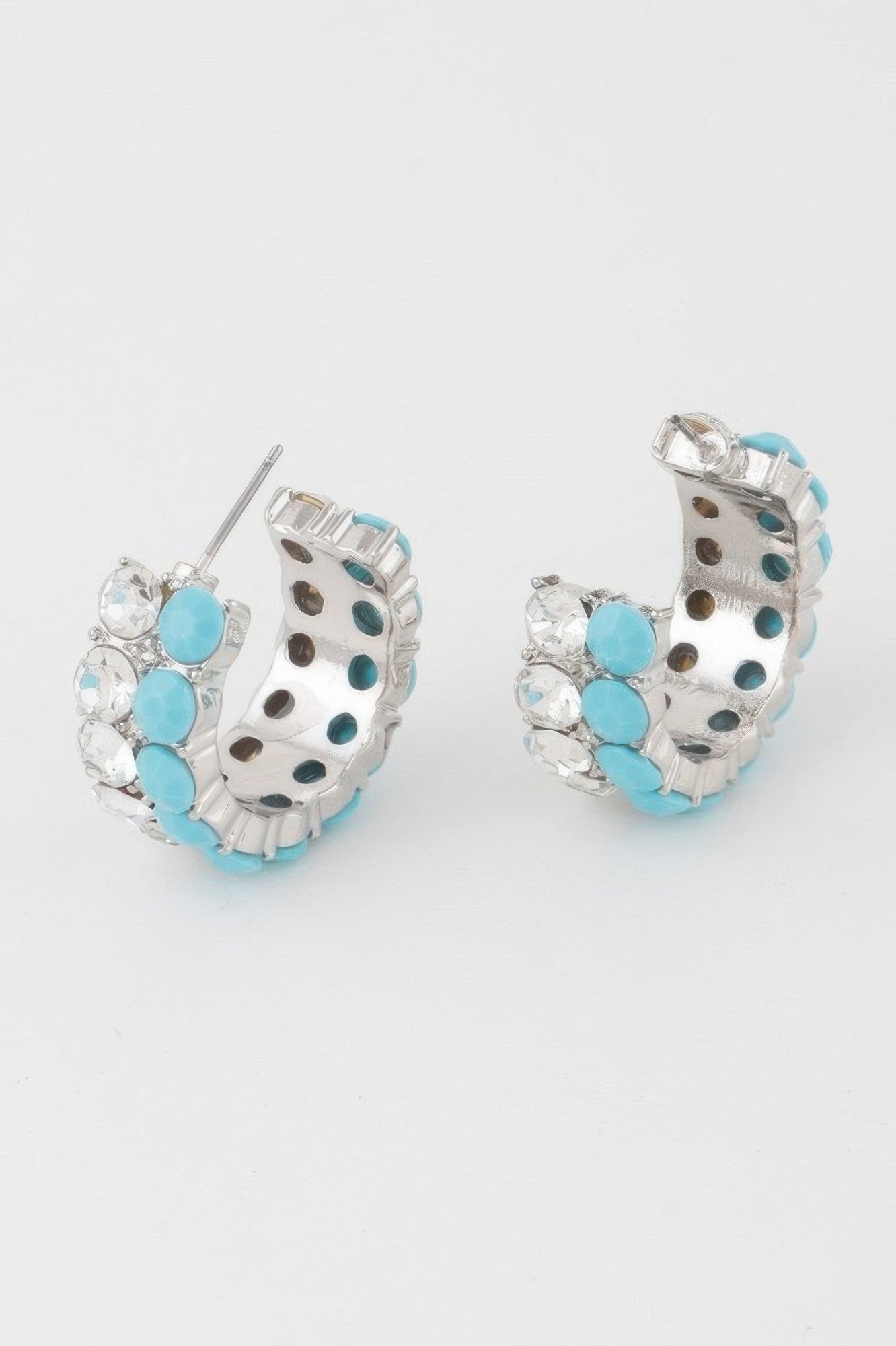 Double Jewel Hoop Earrings with turquoise oval stones and clear round rhinestones