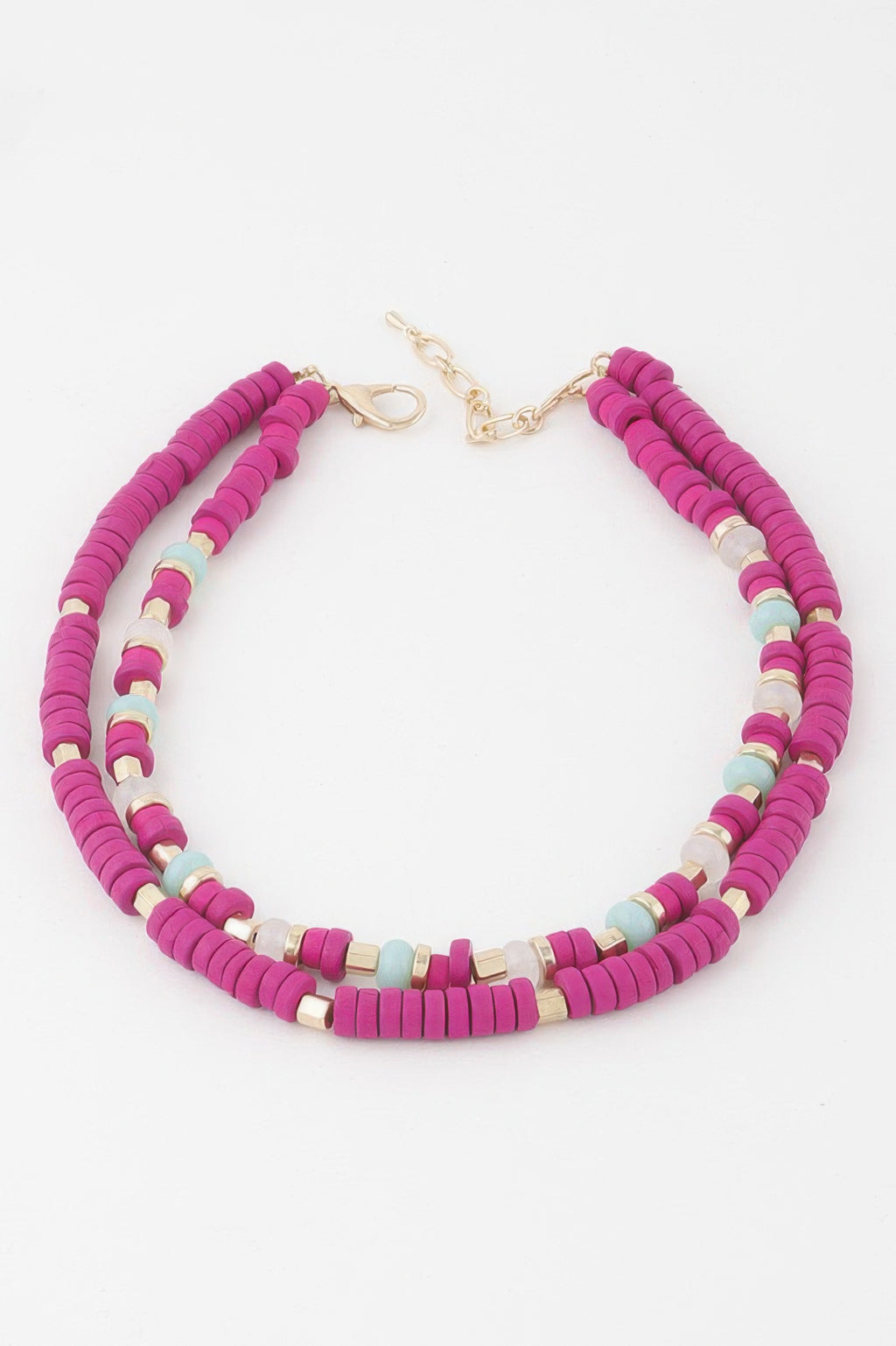 Two-toned layered disk necklace, fuchsia and ivory bead strands with gold clasp