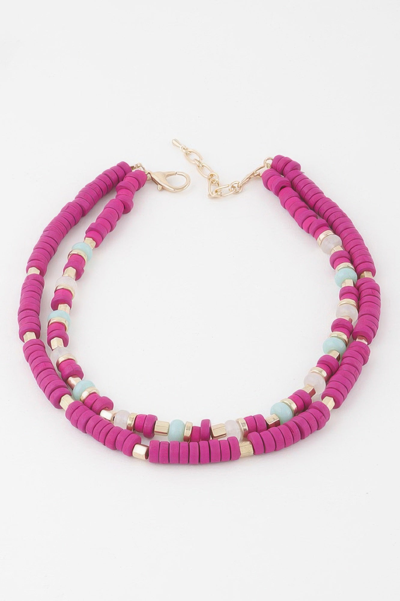 Two-toned layered disk necklace, fuchsia and ivory bead strands with gold clasp