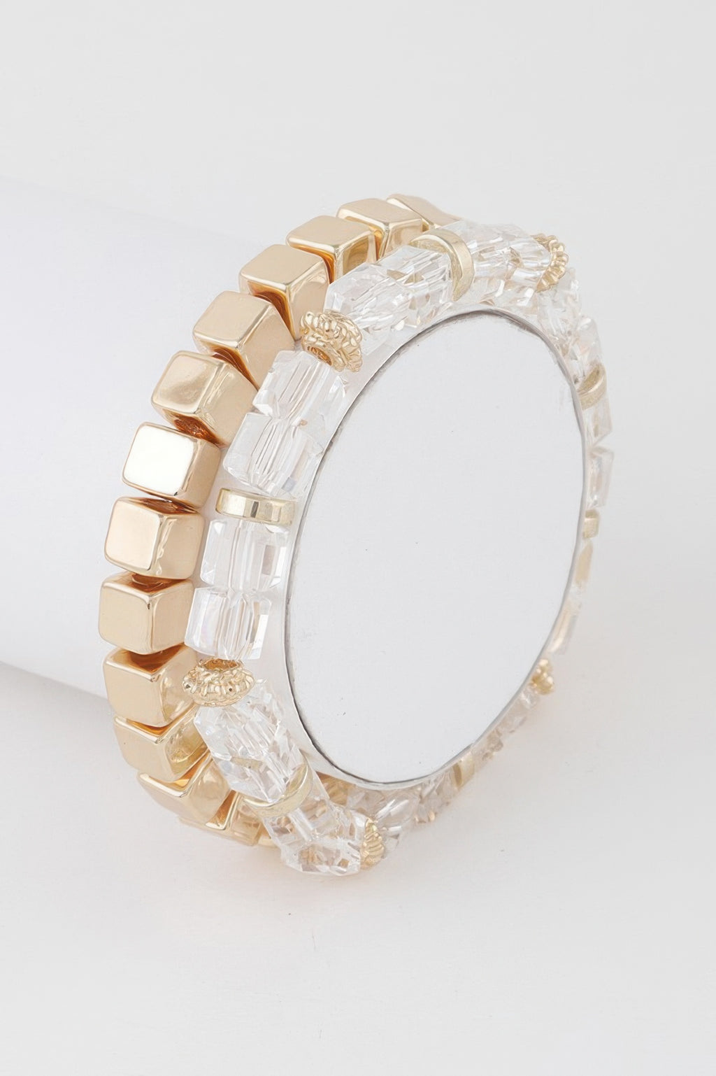 Double clear block bracelet with gold-tone square beads and clear faceted blocks
