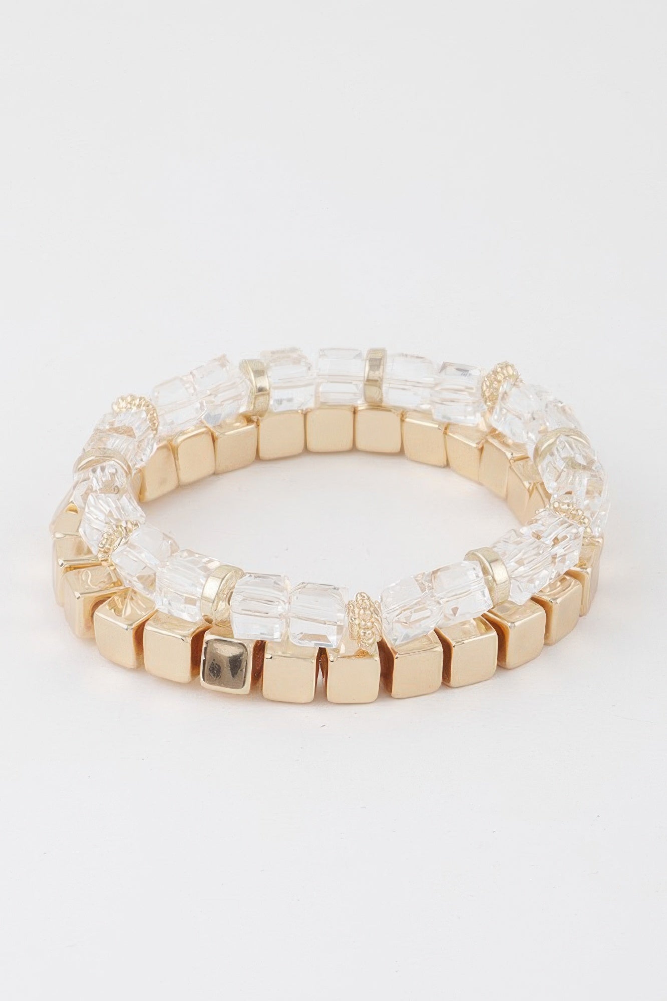 Gold-tone and clear bead bracelet with alternating square blocks and clear crystal links
