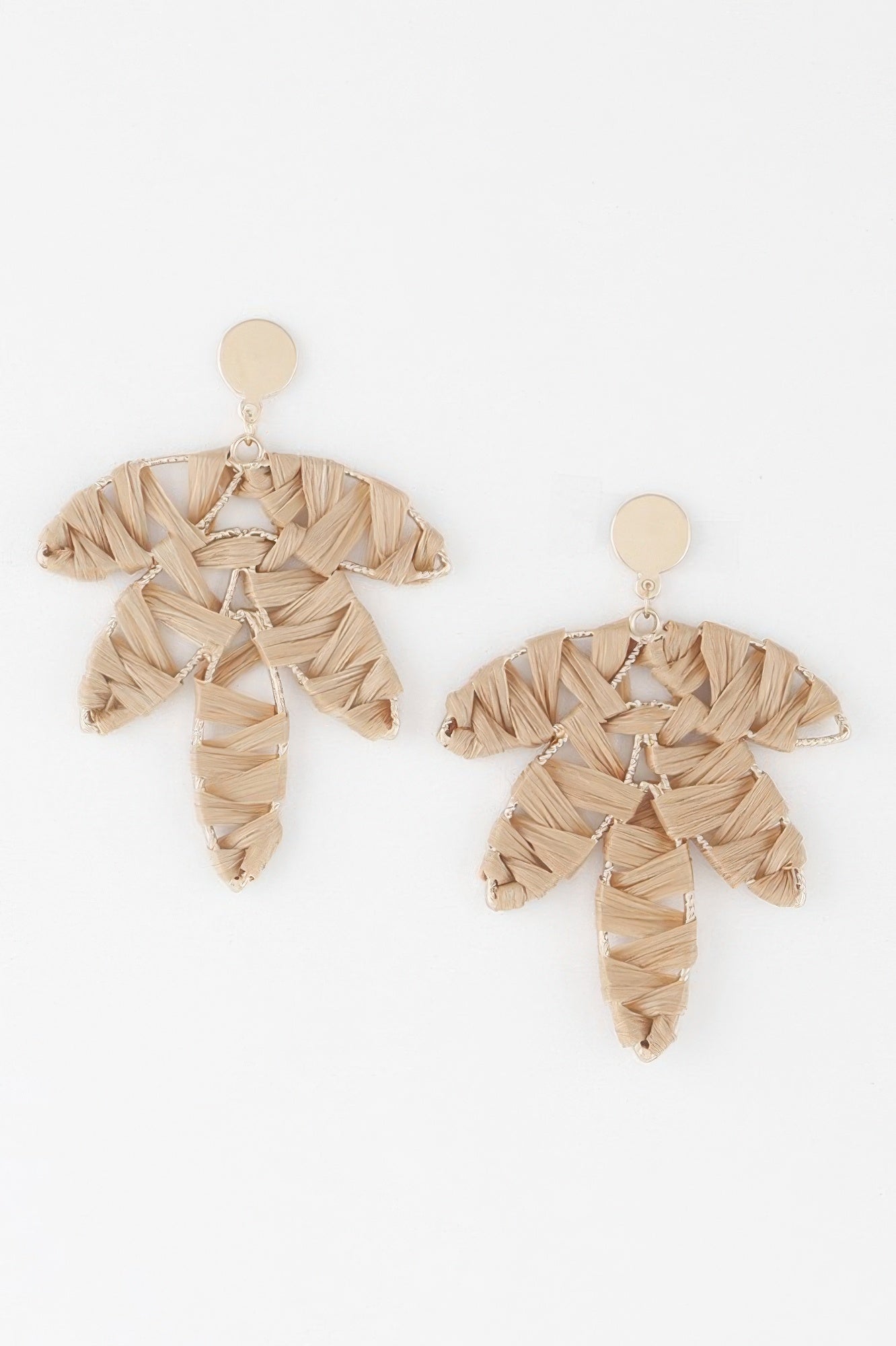 Threaded Leaf Drop Earrings in gold ivory: woven leaf drop with round stud tops