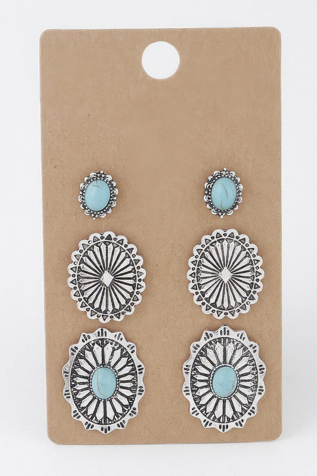 Antique stone earring set with turquoise cabochons, silver burnish finish—4 pairs