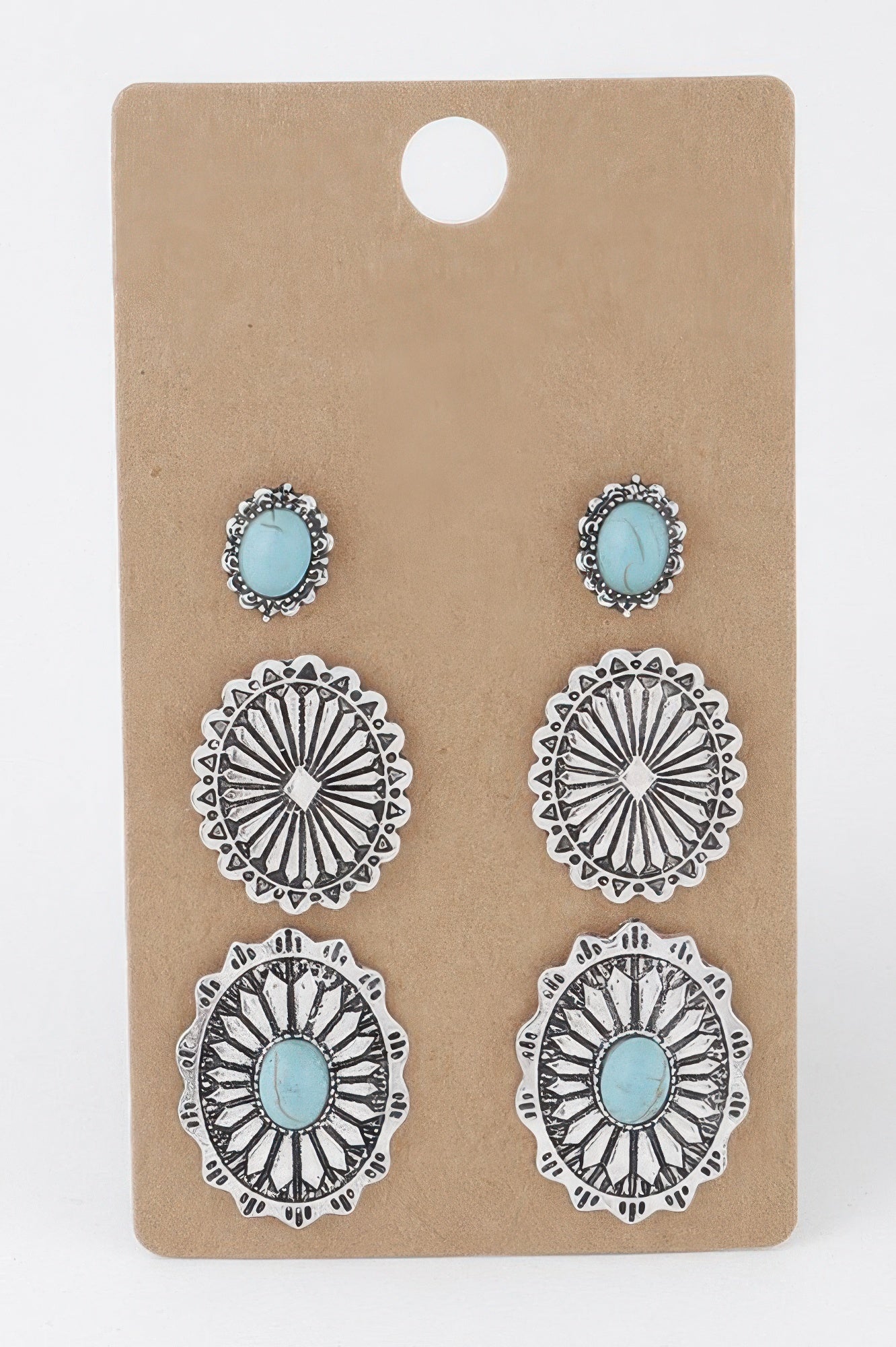 Antique stone earring set with turquoise cabochons, silver burnish finish—4 pairs