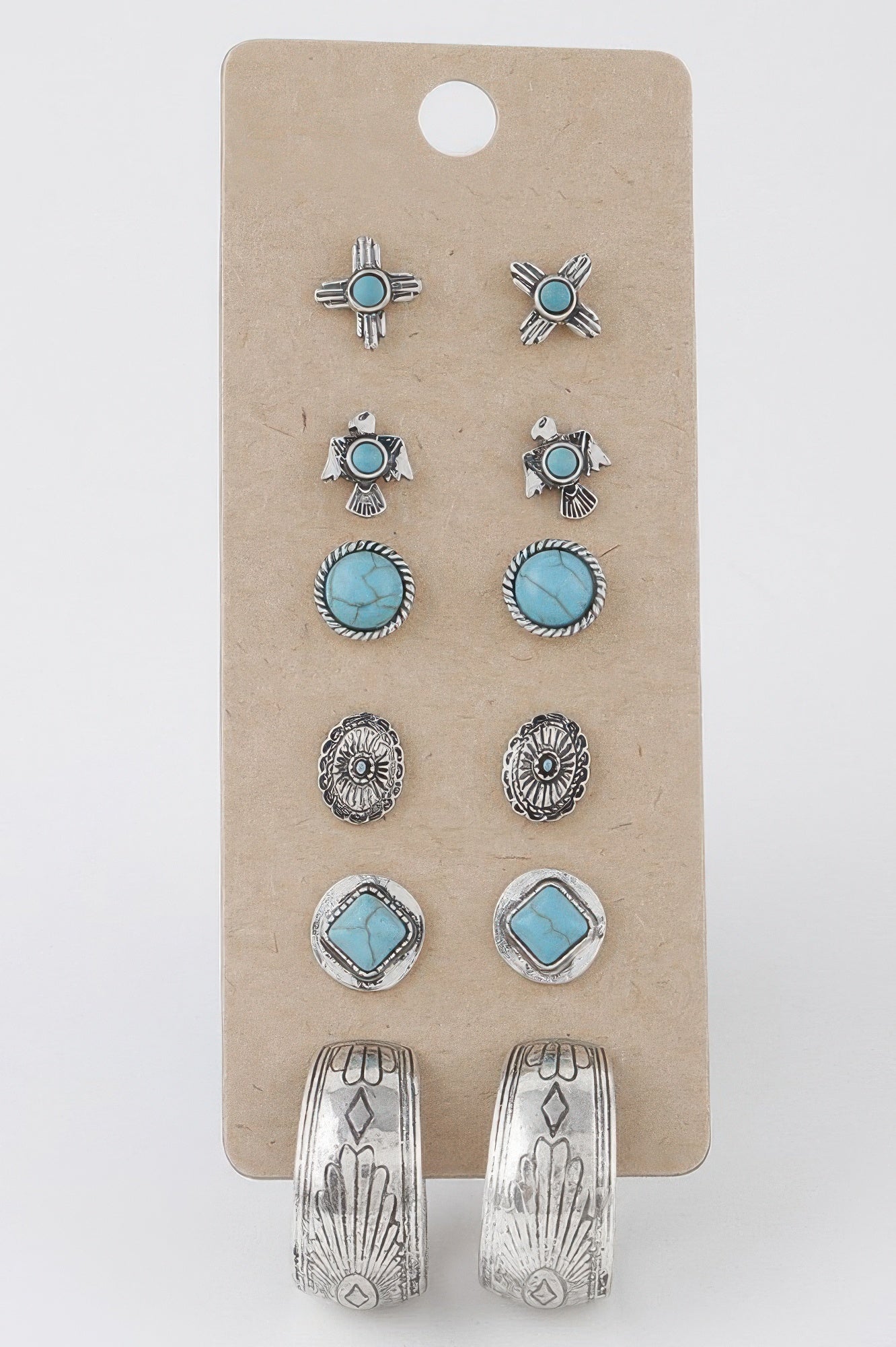Antique stone stud earrings set with turquoise cabochons, silver-tone, assorted designs